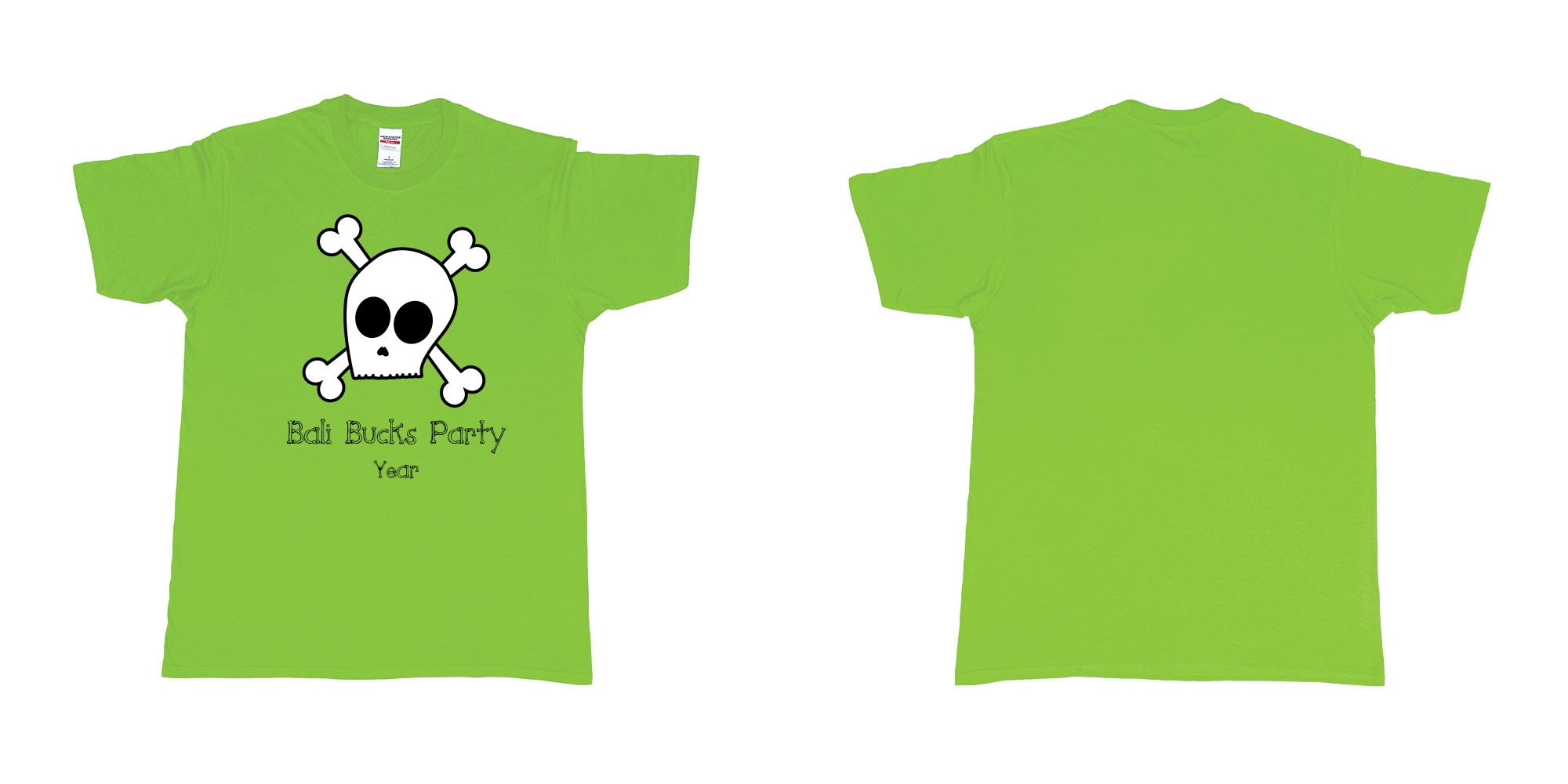 Custom tshirt design bali bucks party skull in fabric color lime choice your own text made in Bali by The Pirate Way