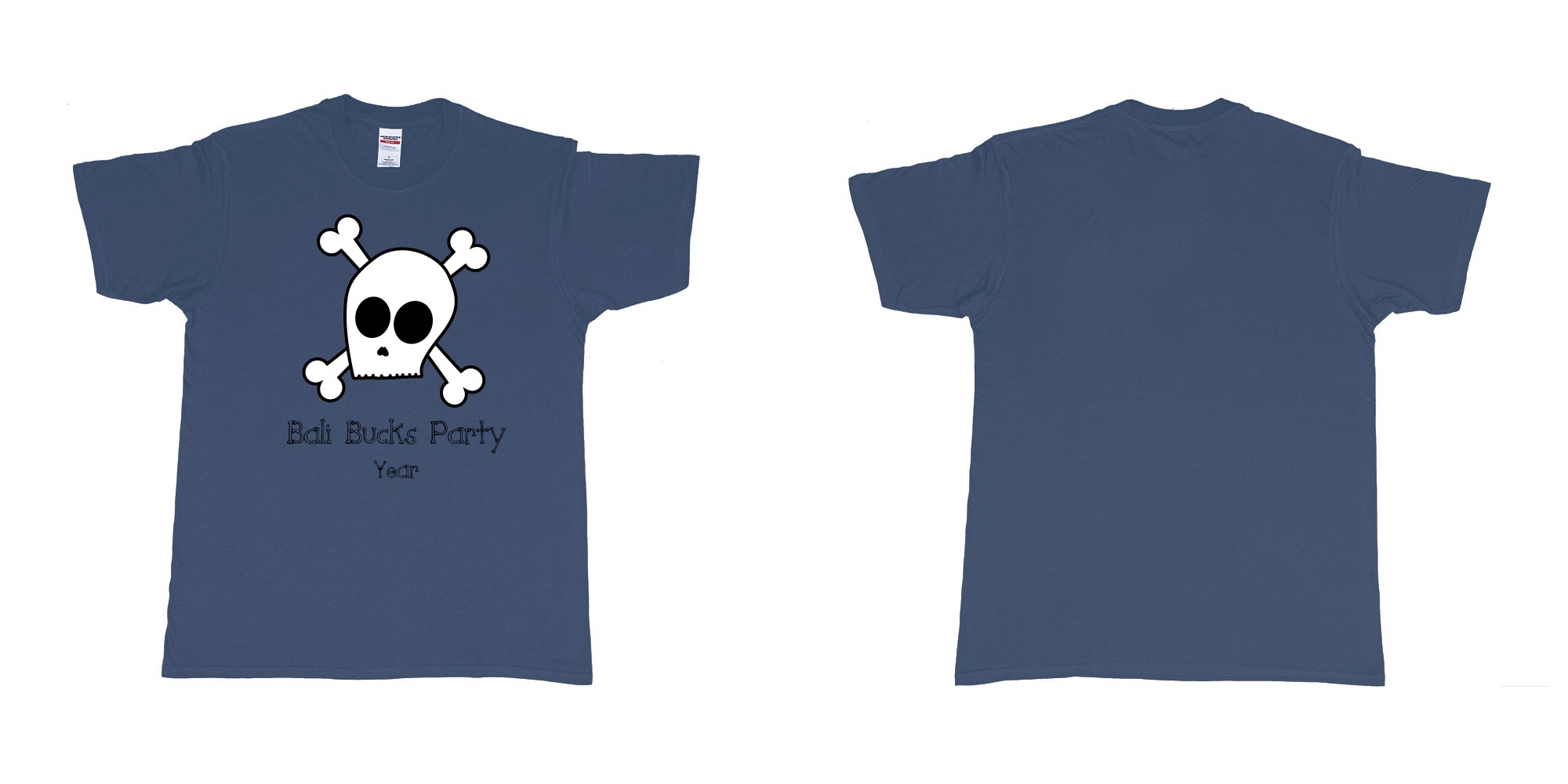 Custom tshirt design bali bucks party skull in fabric color navy choice your own text made in Bali by The Pirate Way