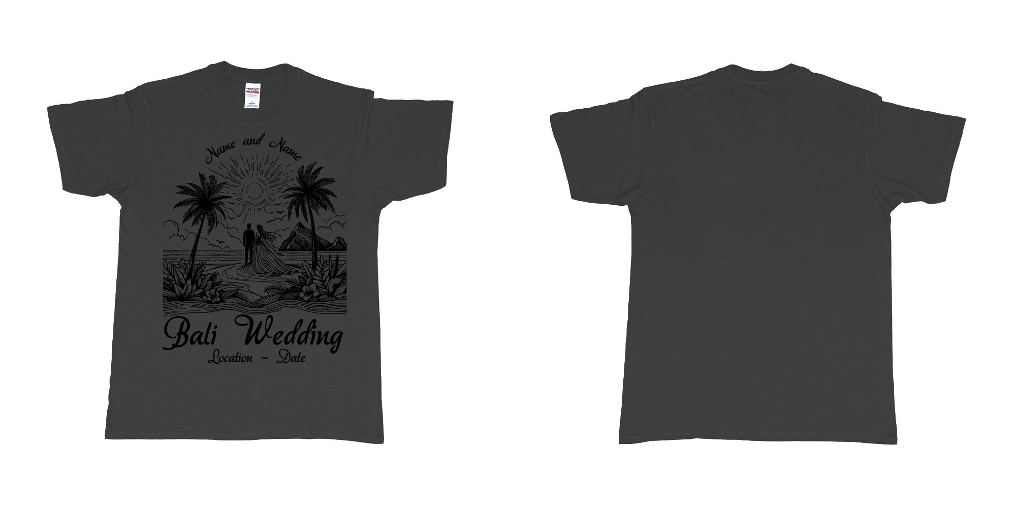 Custom tshirt design bali wedding drawing couple beach sunset palmtrees in fabric color black choice your own text made in Bali by The Pirate Way