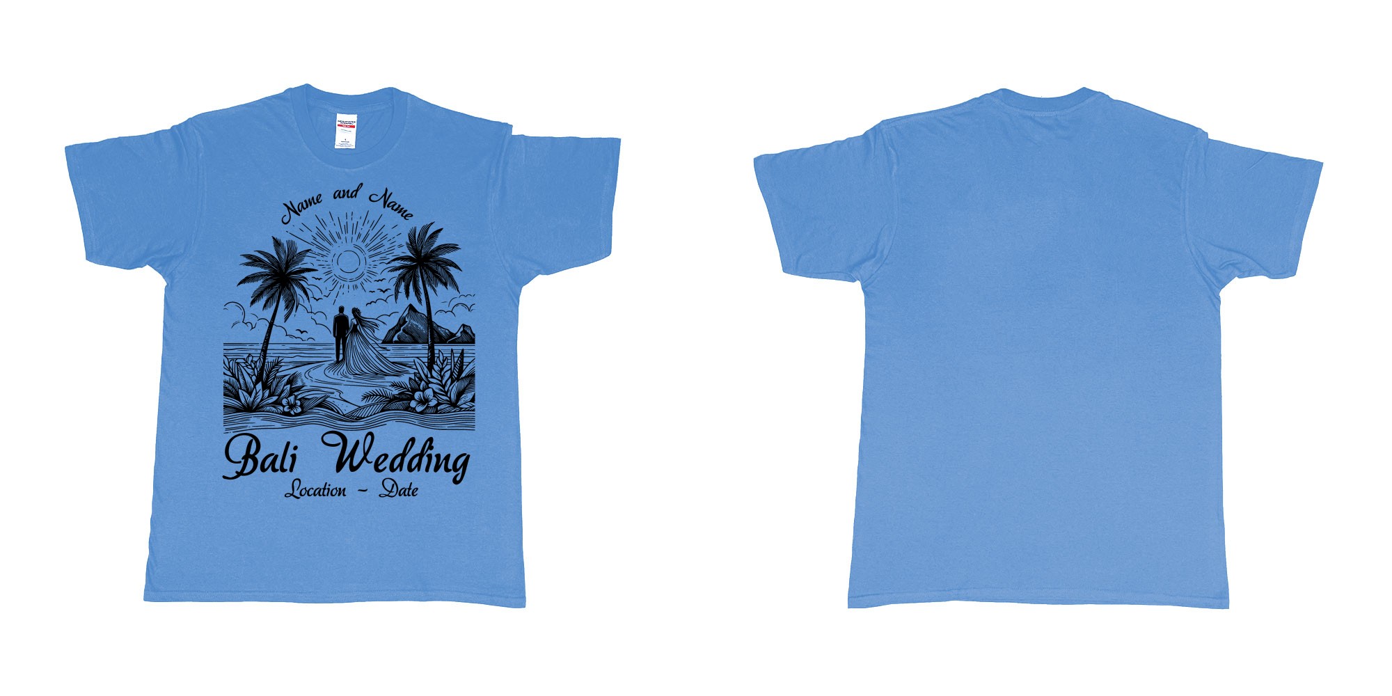 Custom tshirt design bali wedding drawing couple beach sunset palmtrees in fabric color carolina-blue choice your own text made in Bali by The Pirate Way