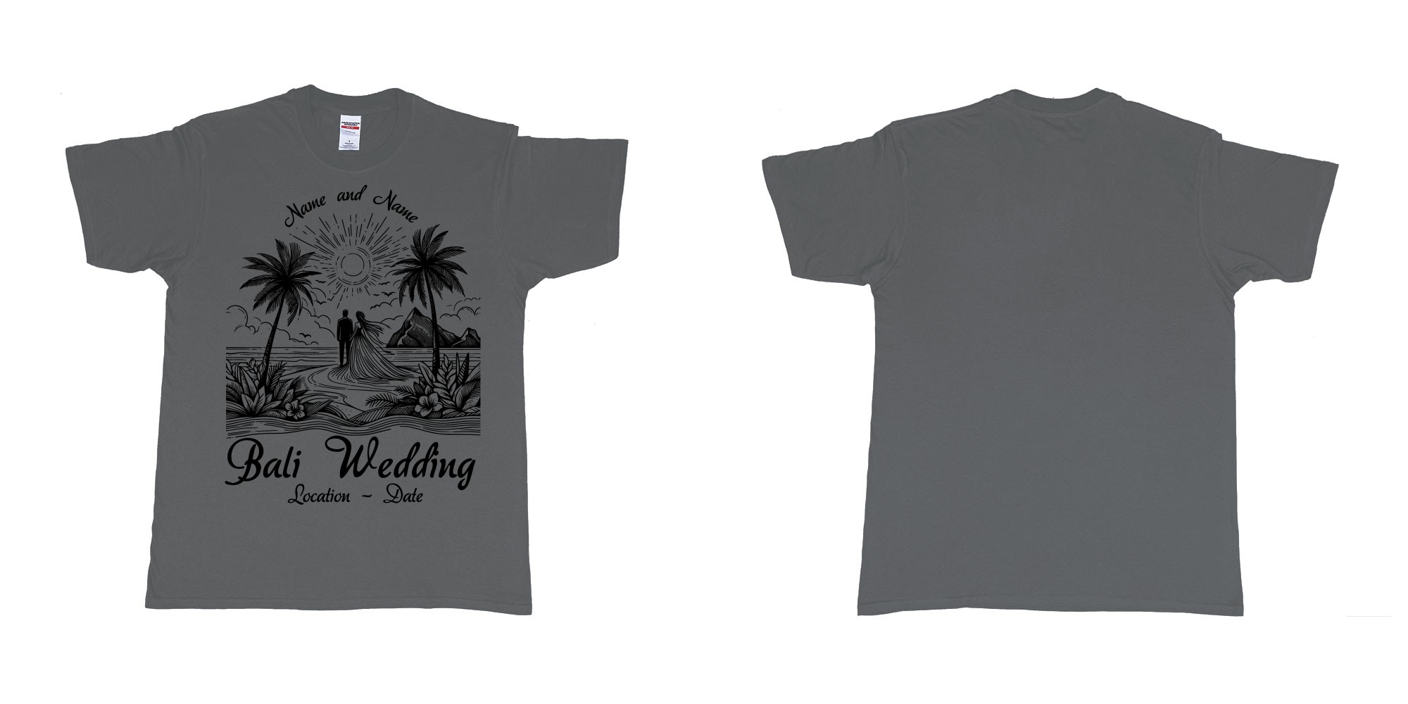 Custom tshirt design bali wedding drawing couple beach sunset palmtrees in fabric color charcoal choice your own text made in Bali by The Pirate Way