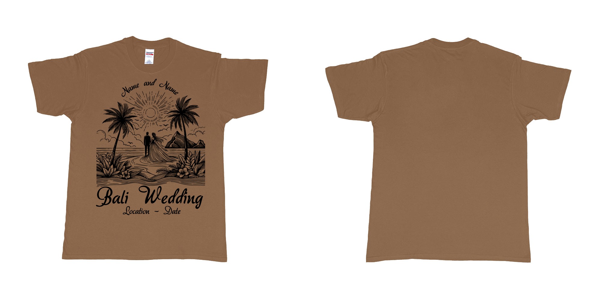 Custom tshirt design bali wedding drawing couple beach sunset palmtrees in fabric color chestnut choice your own text made in Bali by The Pirate Way