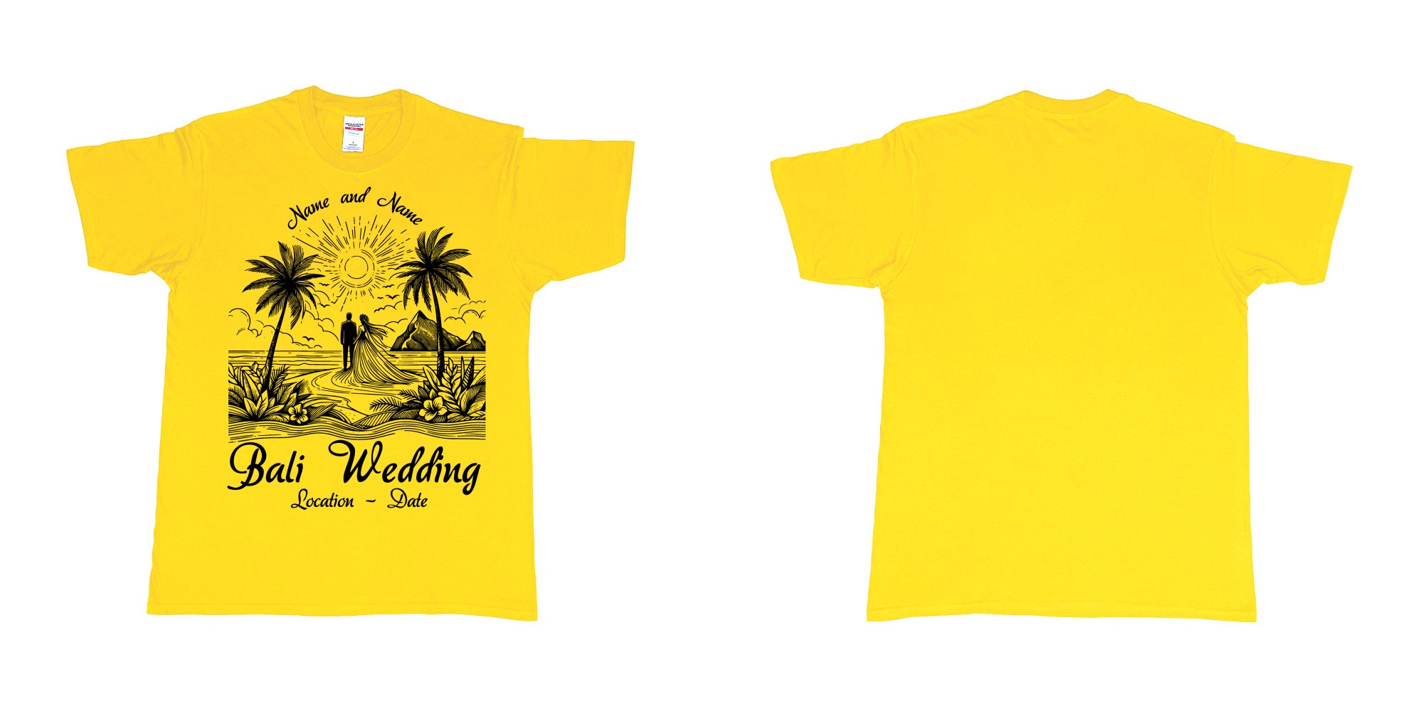 Custom tshirt design bali wedding drawing couple beach sunset palmtrees in fabric color daisy choice your own text made in Bali by The Pirate Way