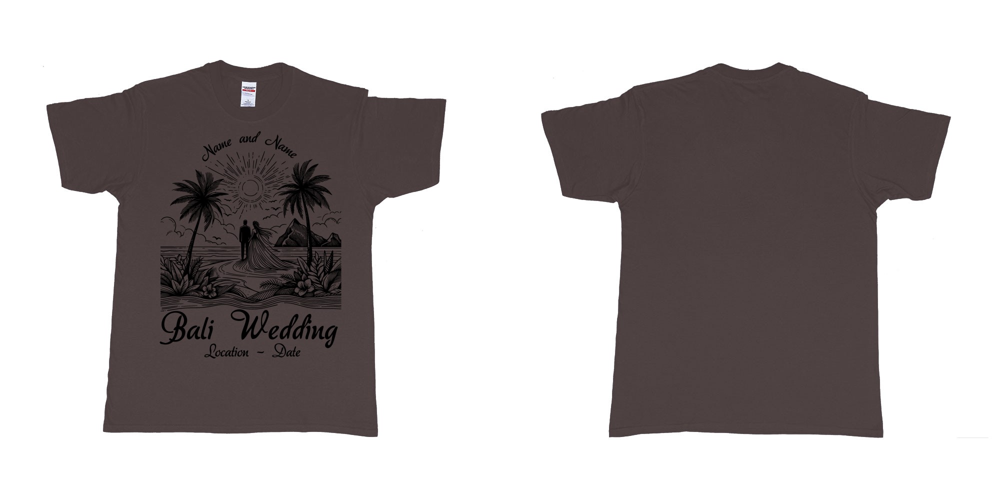 Custom tshirt design bali wedding drawing couple beach sunset palmtrees in fabric color dark-chocolate choice your own text made in Bali by The Pirate Way