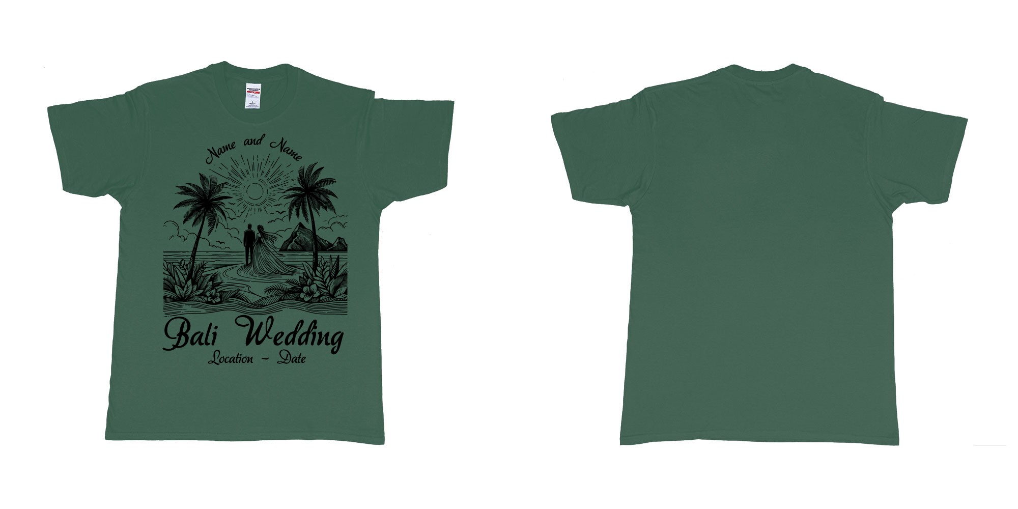 Custom tshirt design bali wedding drawing couple beach sunset palmtrees in fabric color forest-green choice your own text made in Bali by The Pirate Way