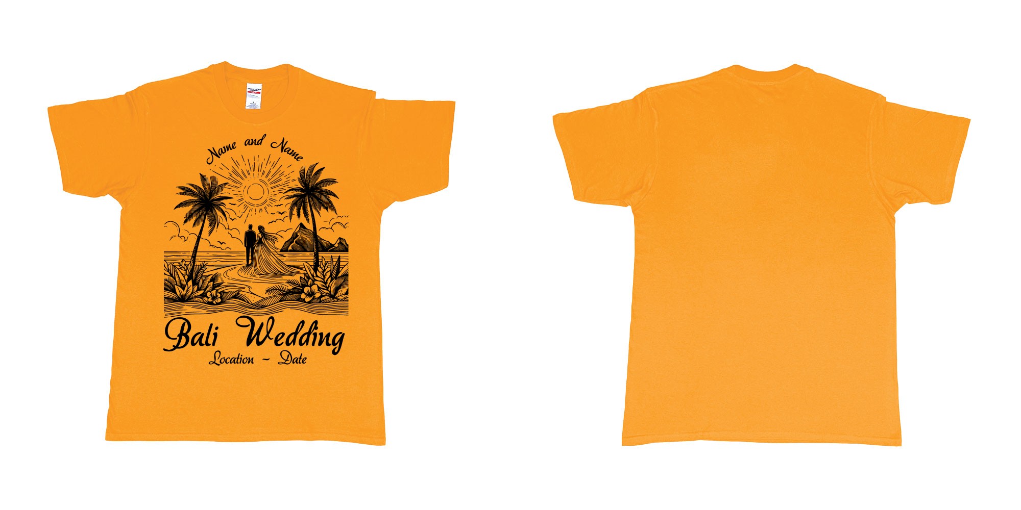 Custom tshirt design bali wedding drawing couple beach sunset palmtrees in fabric color gold choice your own text made in Bali by The Pirate Way