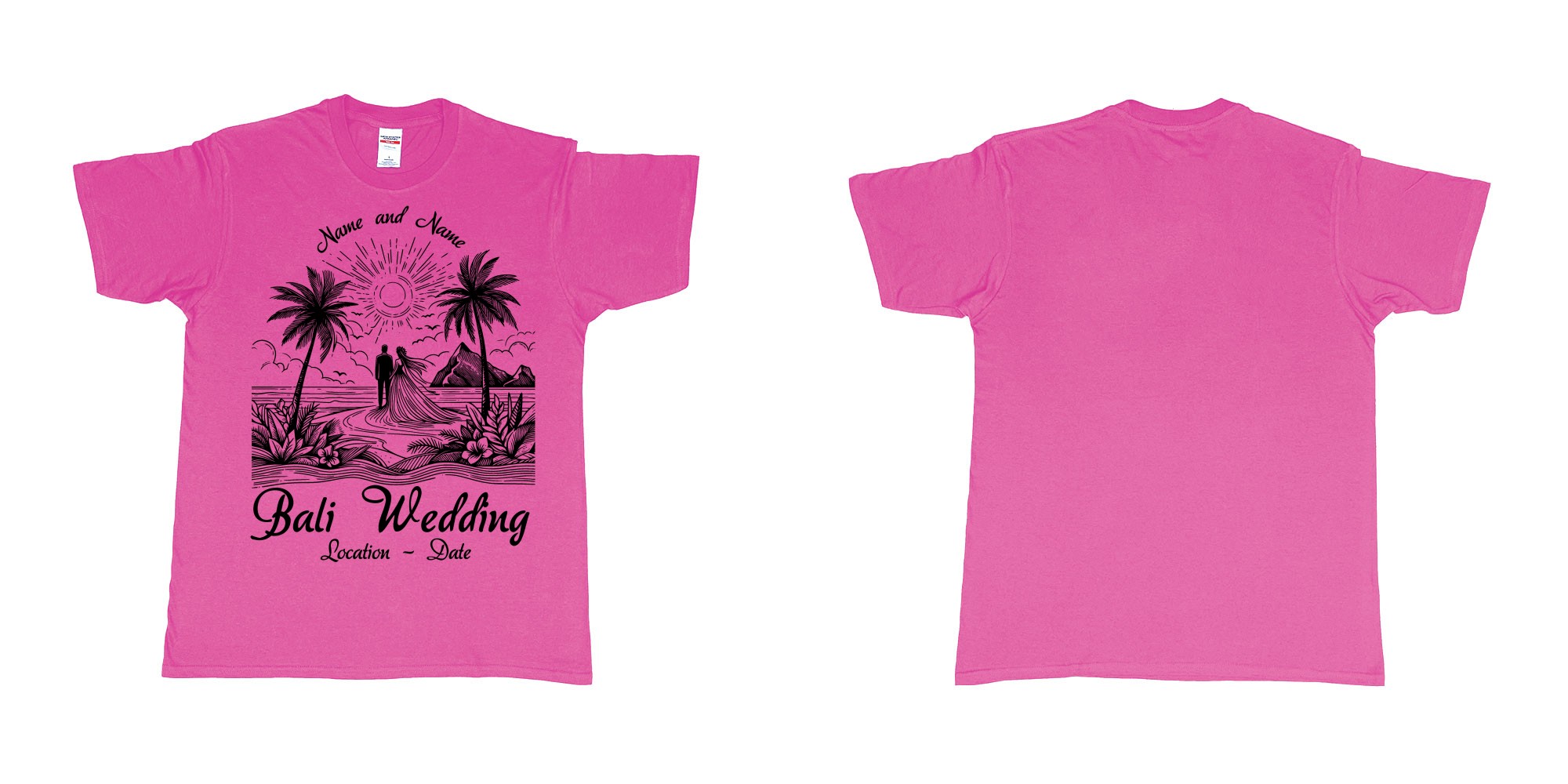 Custom tshirt design bali wedding drawing couple beach sunset palmtrees in fabric color heliconia choice your own text made in Bali by The Pirate Way