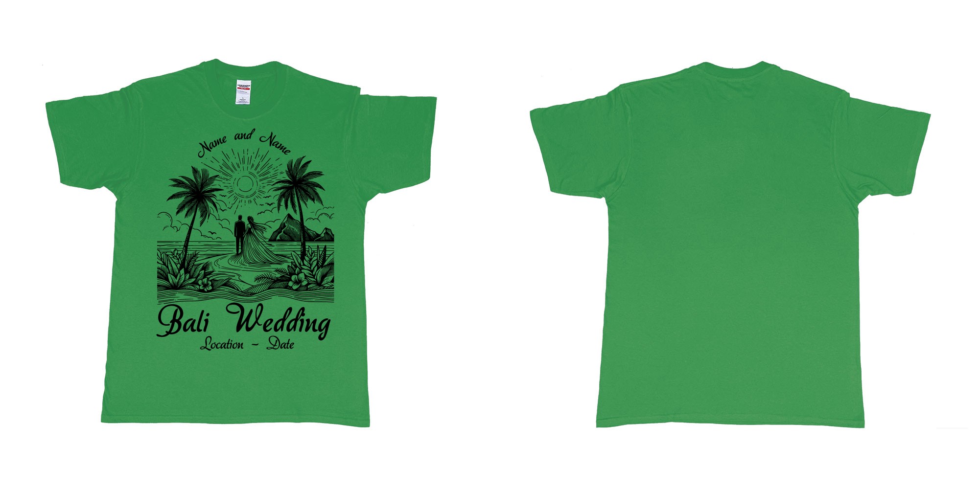 Custom tshirt design bali wedding drawing couple beach sunset palmtrees in fabric color irish-green choice your own text made in Bali by The Pirate Way
