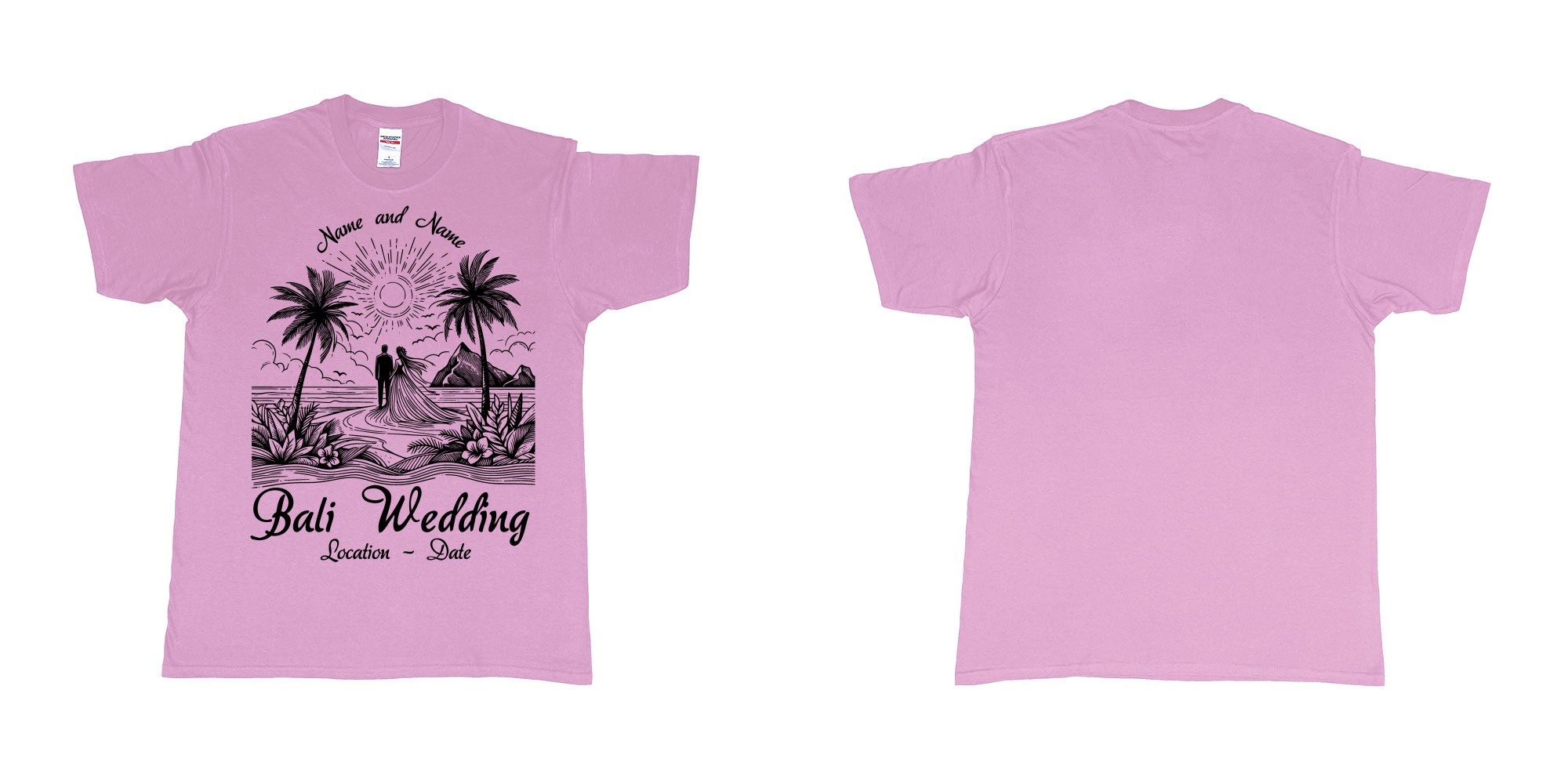 Custom tshirt design bali wedding drawing couple beach sunset palmtrees in fabric color light-pink choice your own text made in Bali by The Pirate Way