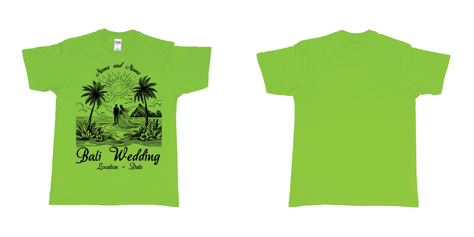 Custom tshirt design bali wedding drawing couple beach sunset palmtrees in fabric color lime choice your own text made in Bali by The Pirate Way