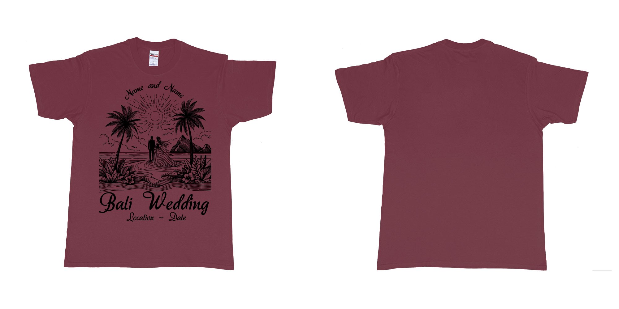 Custom tshirt design bali wedding drawing couple beach sunset palmtrees in fabric color marron choice your own text made in Bali by The Pirate Way