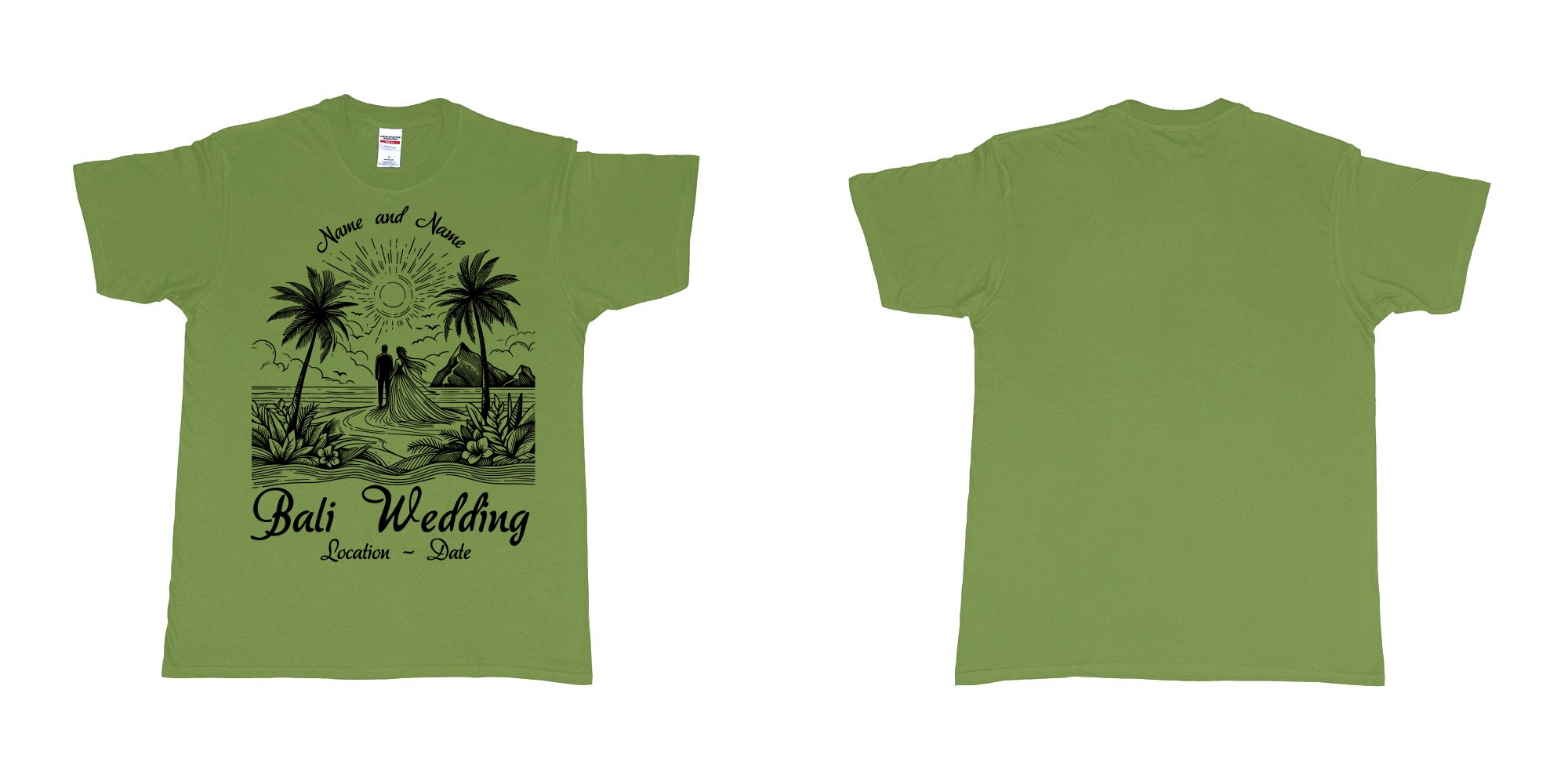 Custom tshirt design bali wedding drawing couple beach sunset palmtrees in fabric color military-green choice your own text made in Bali by The Pirate Way