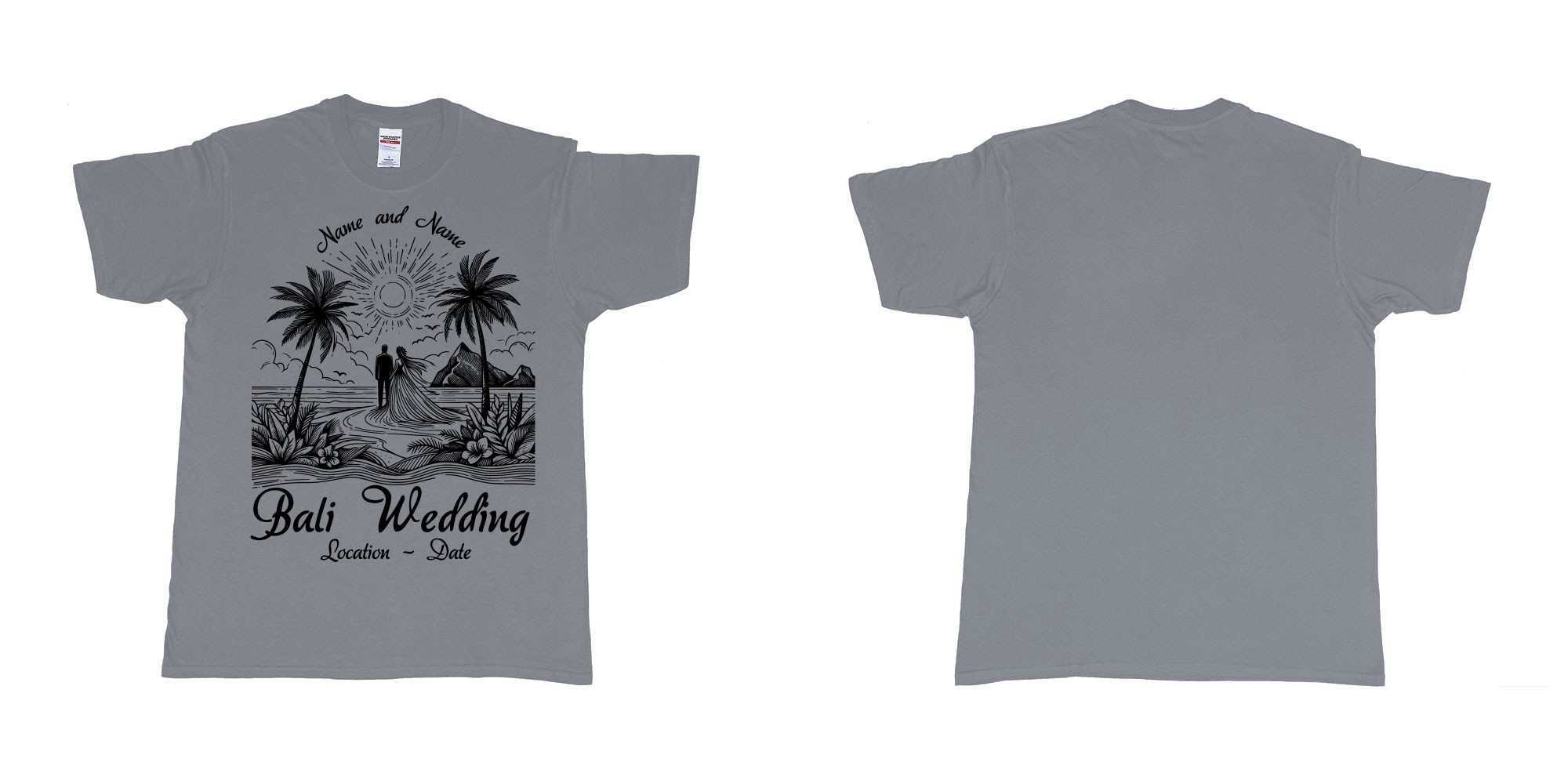 Custom tshirt design bali wedding drawing couple beach sunset palmtrees in fabric color misty choice your own text made in Bali by The Pirate Way