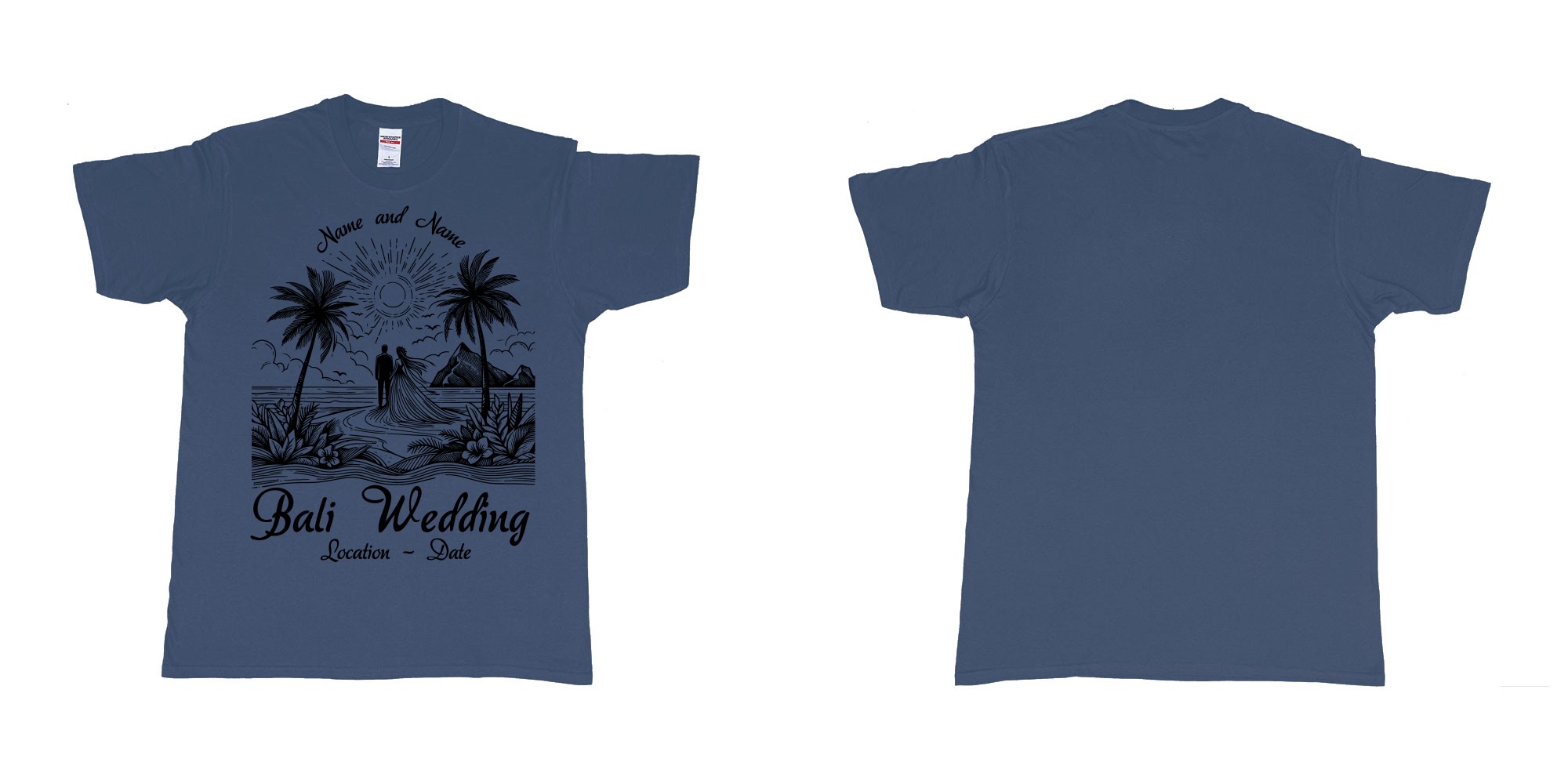 Custom tshirt design bali wedding drawing couple beach sunset palmtrees in fabric color navy choice your own text made in Bali by The Pirate Way