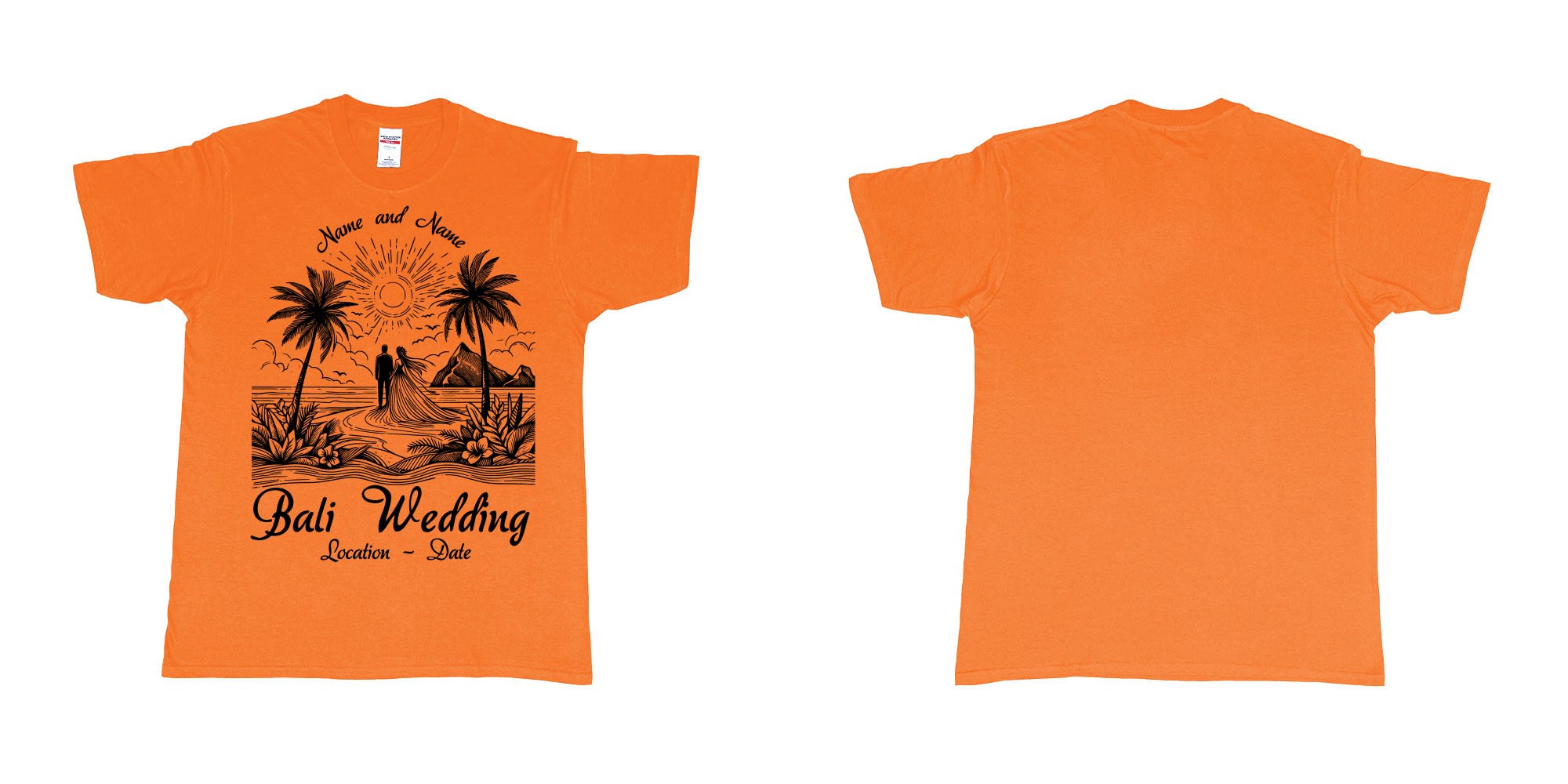 Custom tshirt design bali wedding drawing couple beach sunset palmtrees in fabric color orange choice your own text made in Bali by The Pirate Way