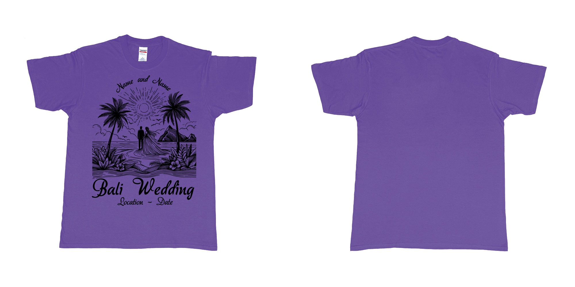Custom tshirt design bali wedding drawing couple beach sunset palmtrees in fabric color purple choice your own text made in Bali by The Pirate Way
