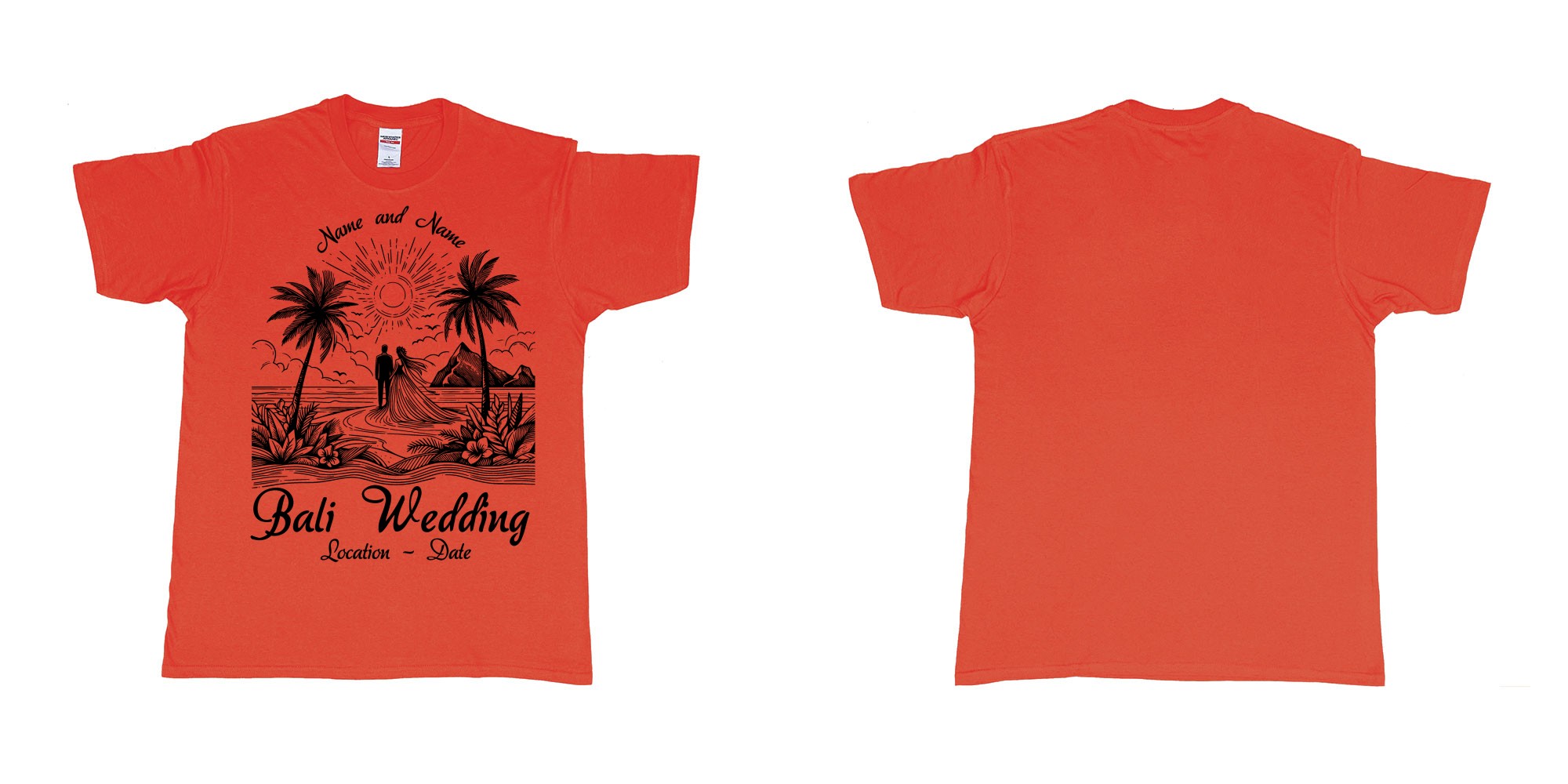 Custom tshirt design bali wedding drawing couple beach sunset palmtrees in fabric color red choice your own text made in Bali by The Pirate Way