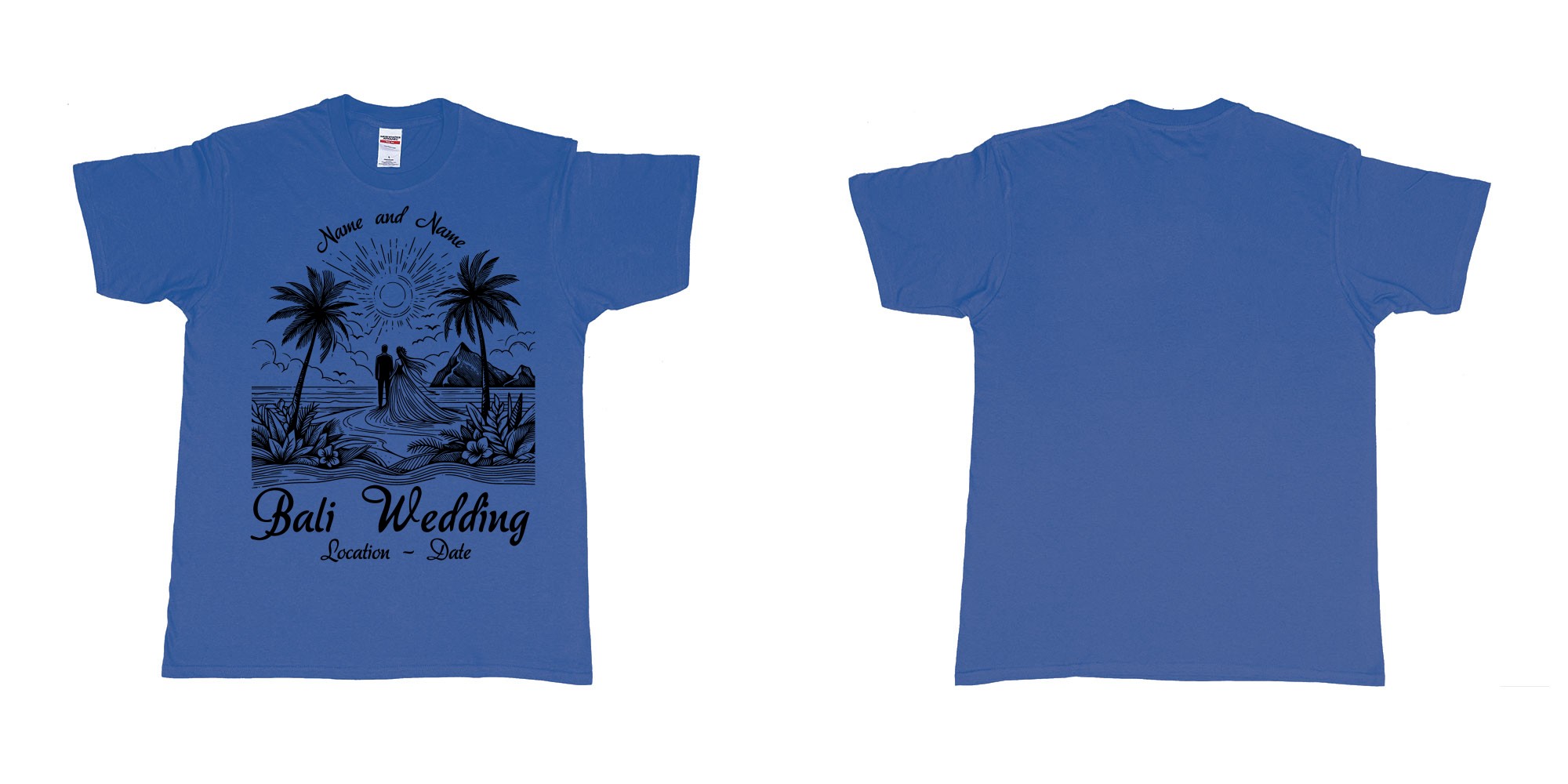 Custom tshirt design bali wedding drawing couple beach sunset palmtrees in fabric color royal-blue choice your own text made in Bali by The Pirate Way