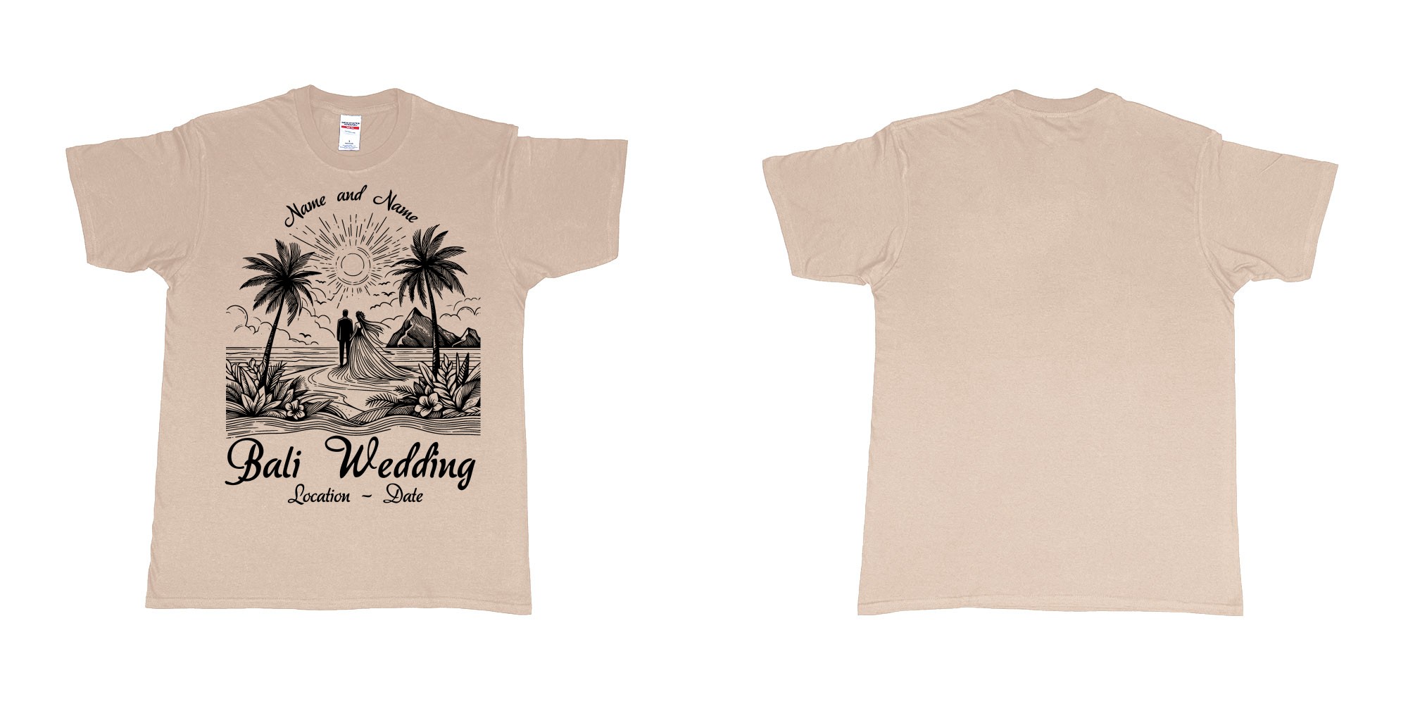 Custom tshirt design bali wedding drawing couple beach sunset palmtrees in fabric color sand choice your own text made in Bali by The Pirate Way