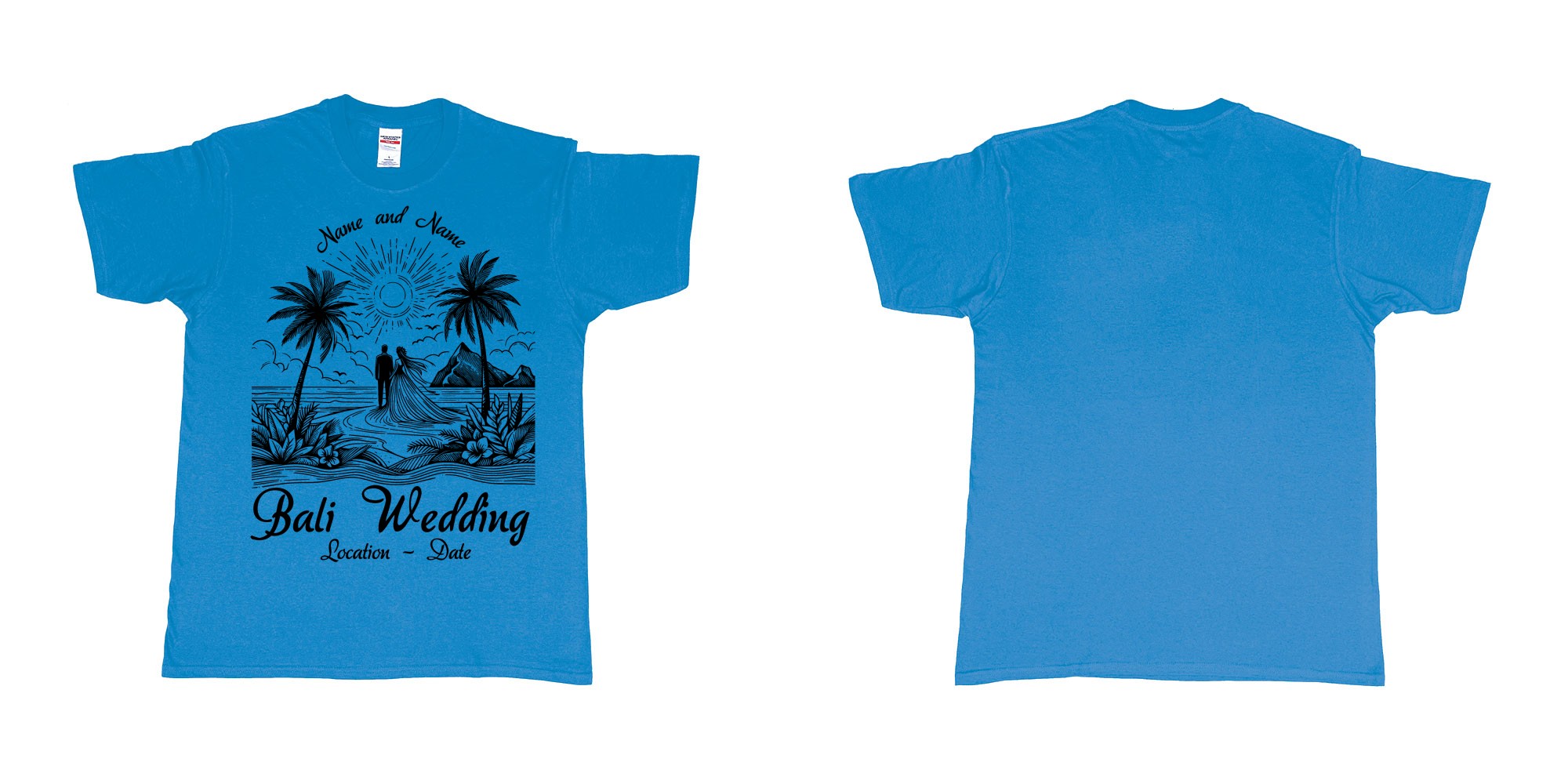 Custom tshirt design bali wedding drawing couple beach sunset palmtrees in fabric color sapphire choice your own text made in Bali by The Pirate Way