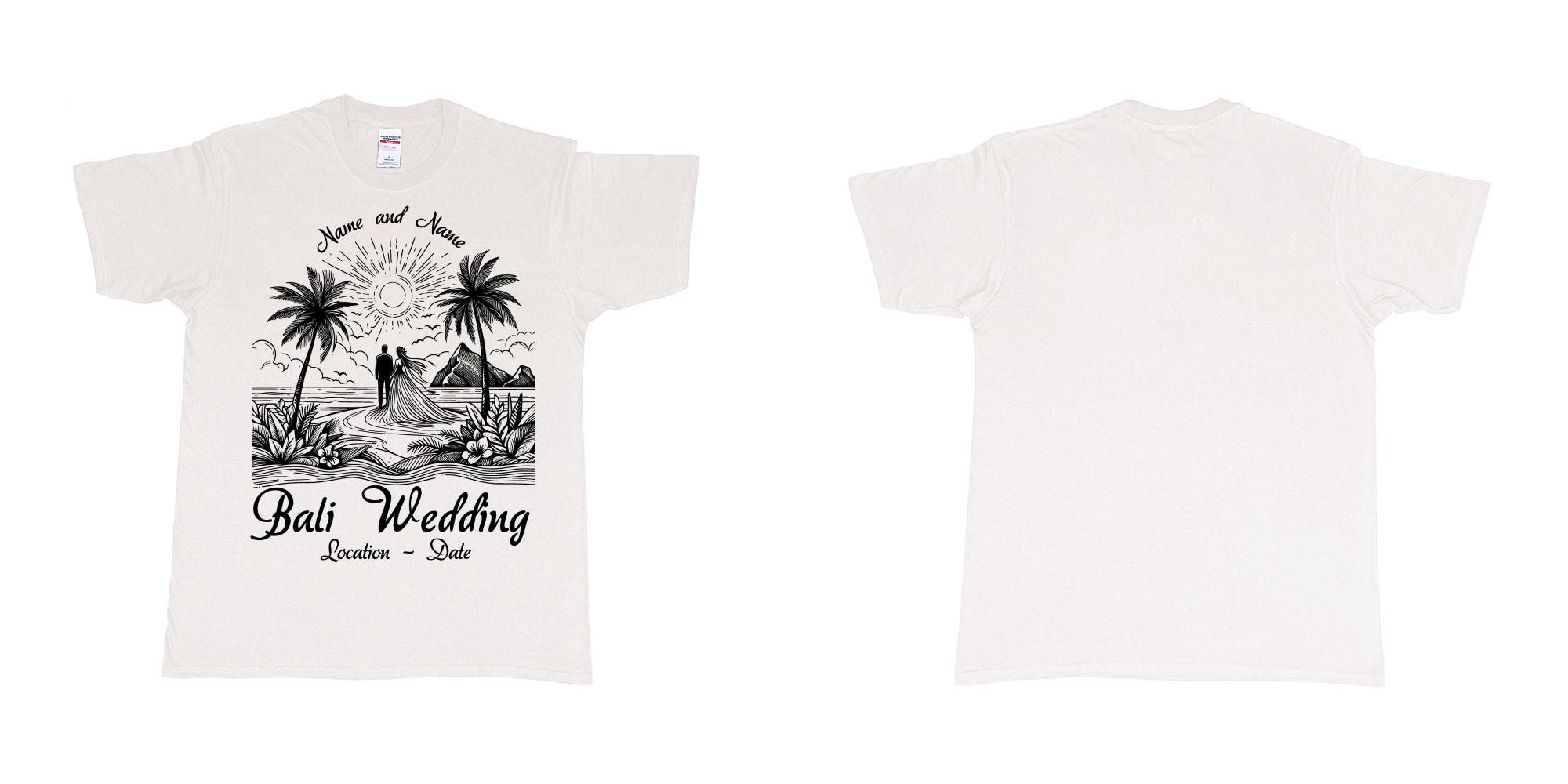 Custom tshirt design bali wedding drawing couple beach sunset palmtrees in fabric color white choice your own text made in Bali by The Pirate Way