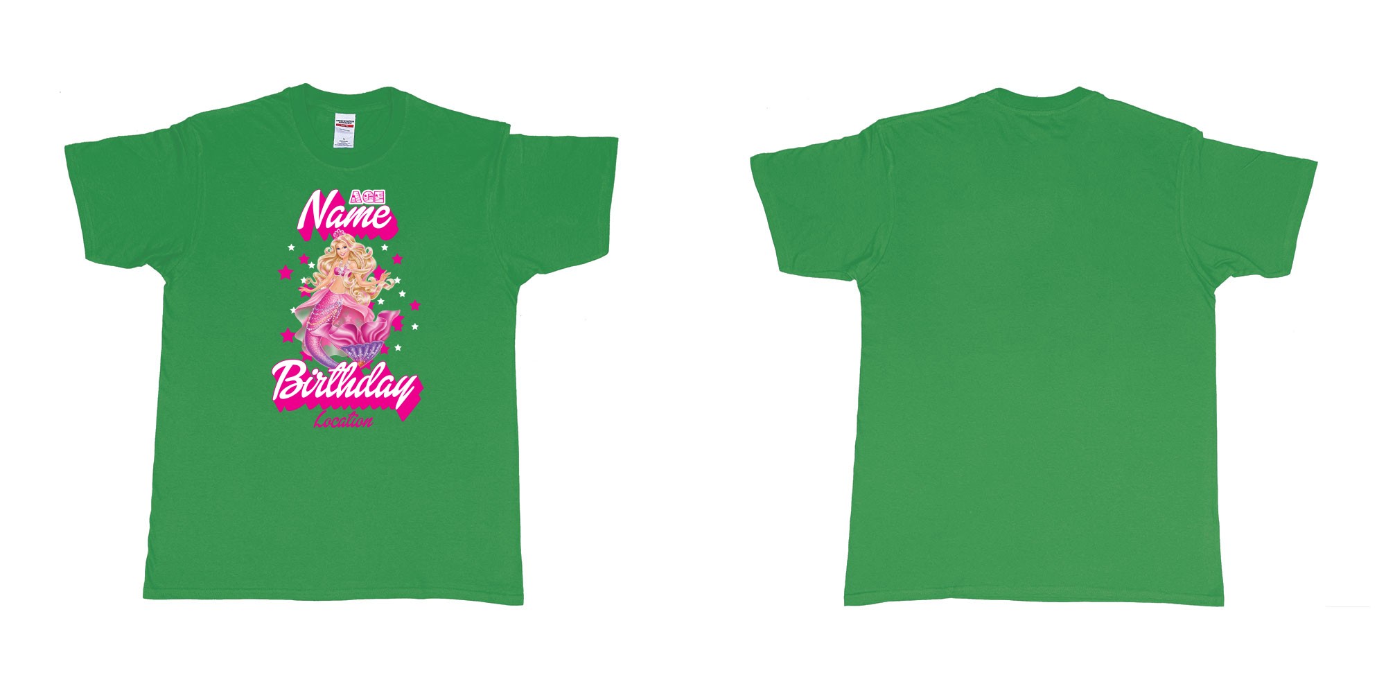 Custom tshirt design barbie mermaid custom name birthday in fabric color irish-green choice your own text made in Bali by The Pirate Way