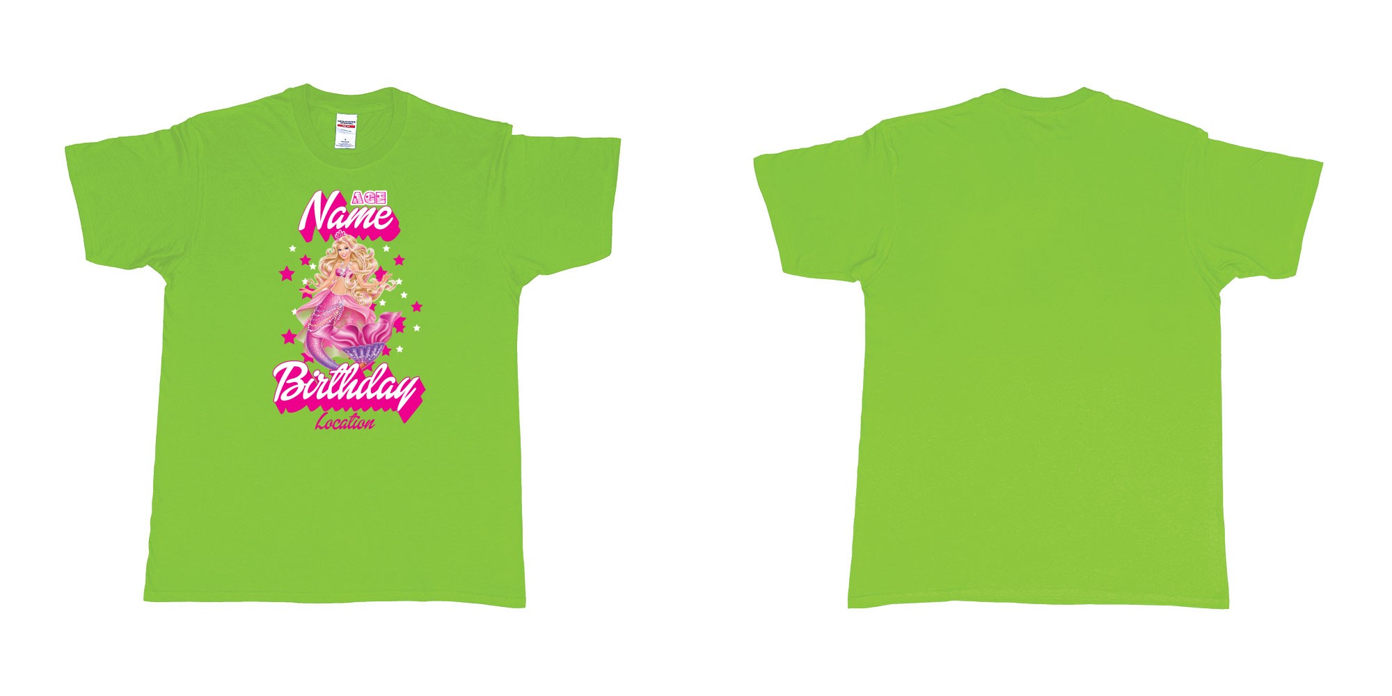 Custom tshirt design barbie mermaid custom name birthday in fabric color lime choice your own text made in Bali by The Pirate Way