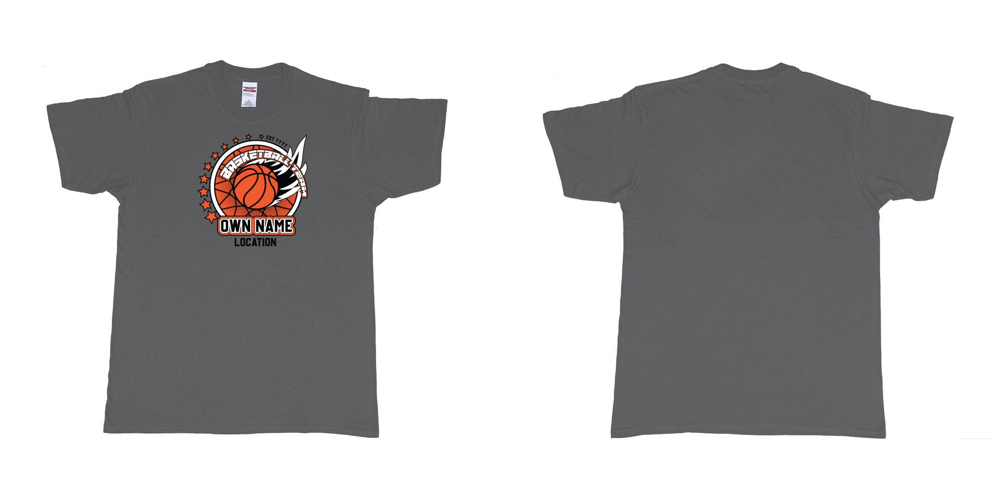 Custom tshirt design basketball team own name location established year custom design production bali in fabric color charcoal choice your own text made in Bali by The Pirate Way