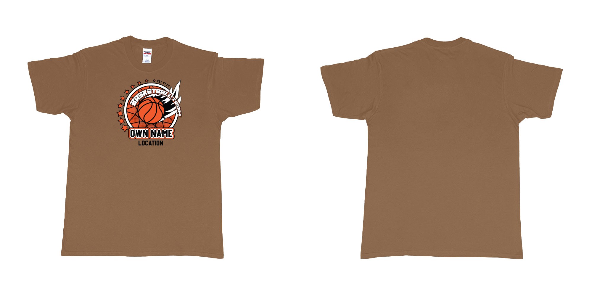 Custom tshirt design basketball team own name location established year custom design production bali in fabric color chestnut choice your own text made in Bali by The Pirate Way