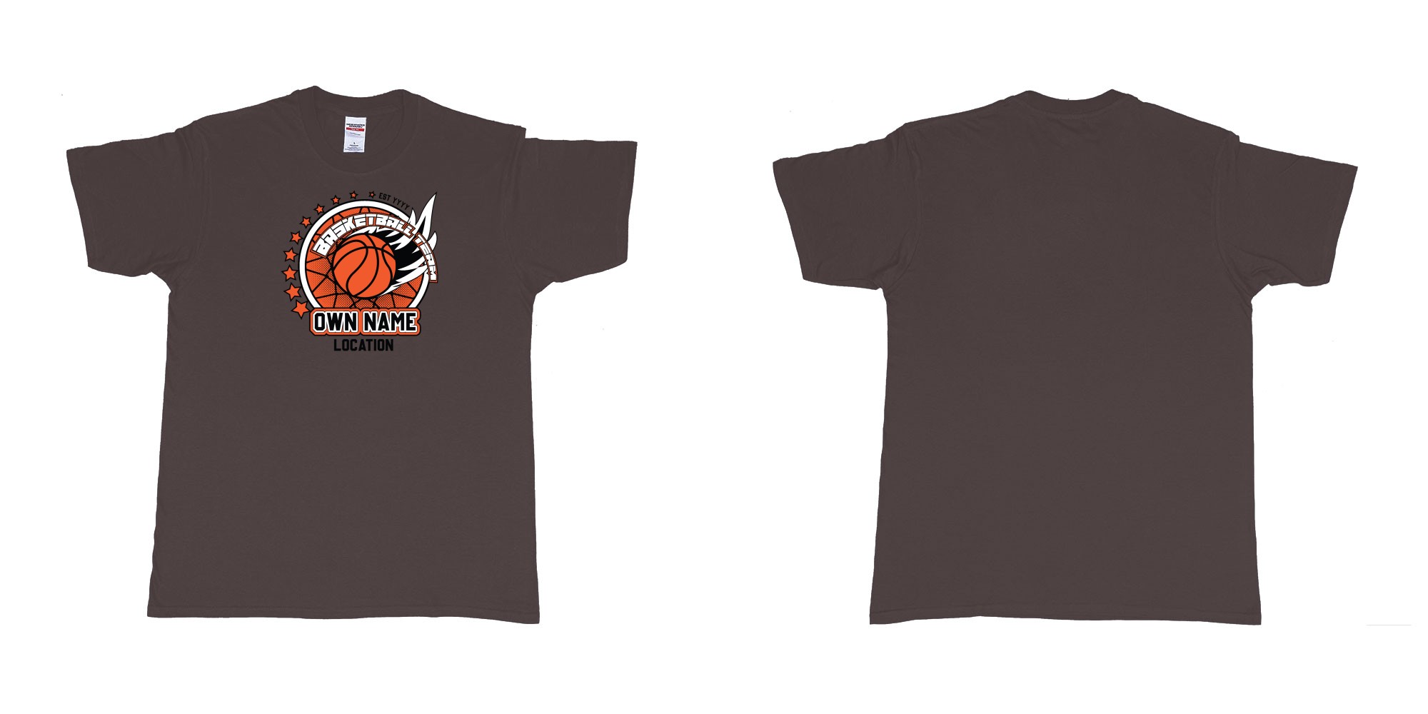 Custom tshirt design basketball team own name location established year custom design production bali in fabric color dark-chocolate choice your own text made in Bali by The Pirate Way
