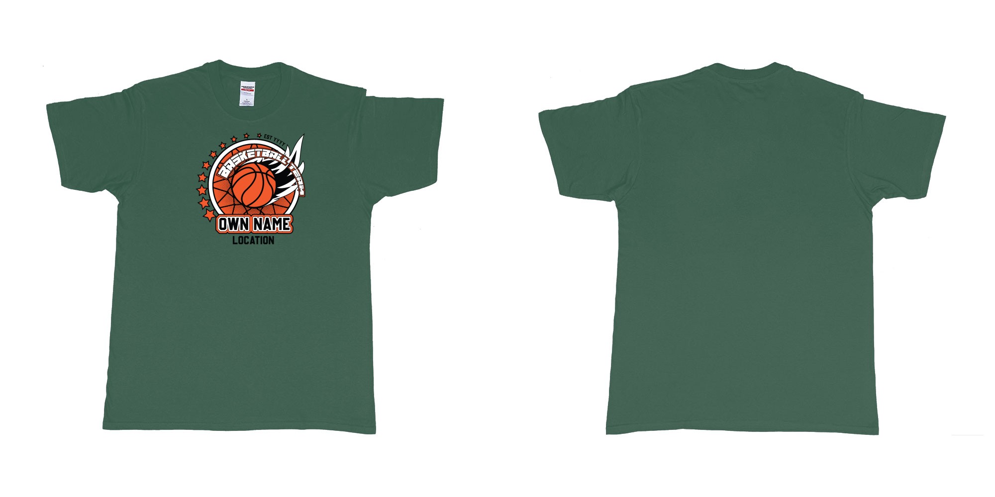 Custom tshirt design basketball team own name location established year custom design production bali in fabric color forest-green choice your own text made in Bali by The Pirate Way