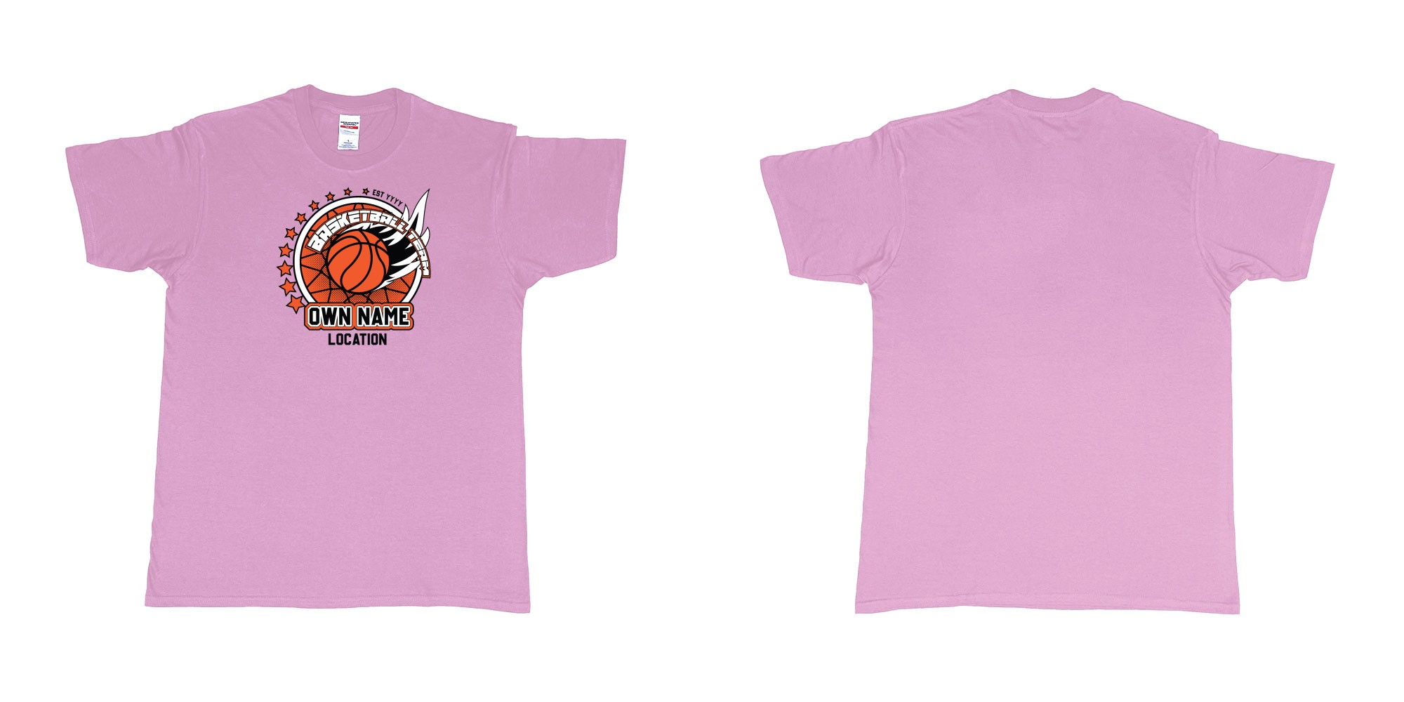 Custom tshirt design basketball team own name location established year custom design production bali in fabric color light-pink choice your own text made in Bali by The Pirate Way