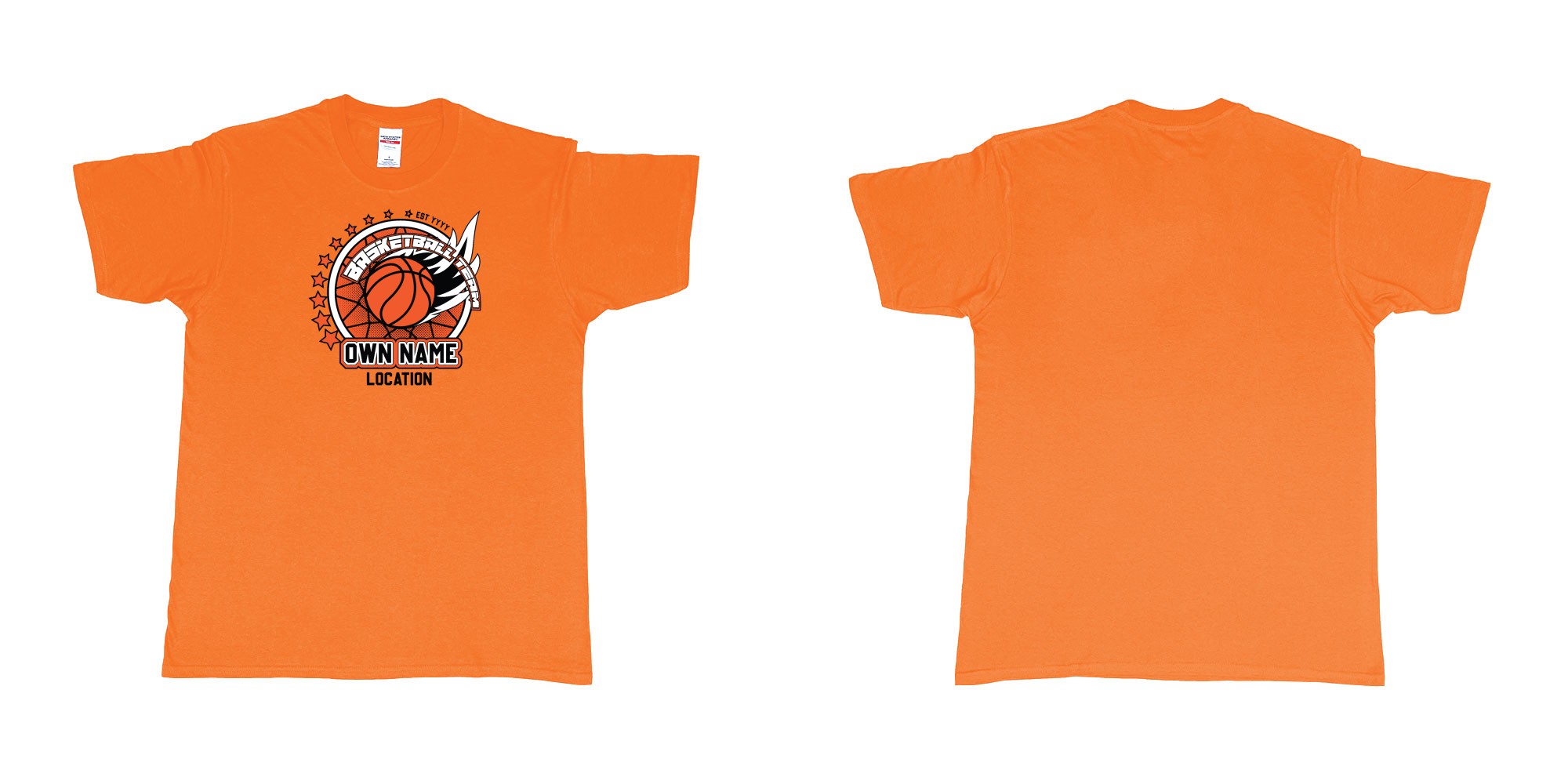 Custom tshirt design basketball team own name location established year custom design production bali in fabric color orange choice your own text made in Bali by The Pirate Way