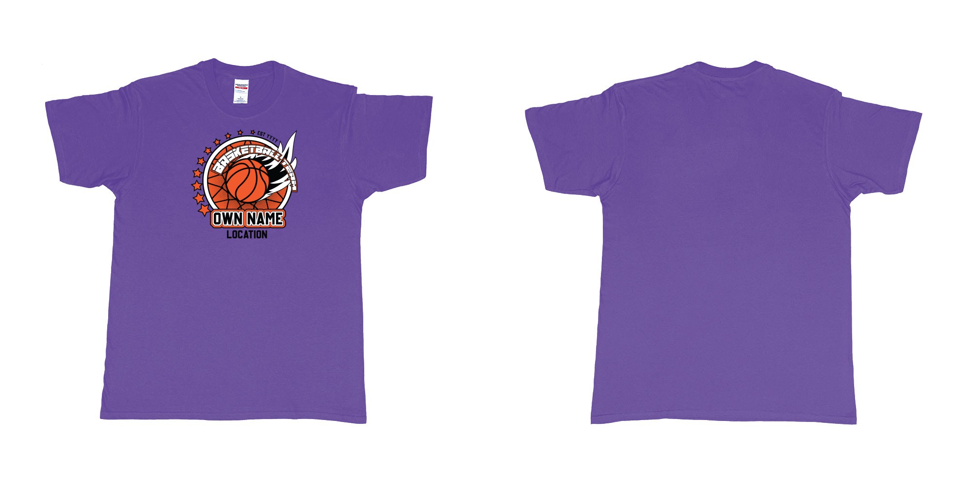 Custom tshirt design basketball team own name location established year custom design production bali in fabric color purple choice your own text made in Bali by The Pirate Way