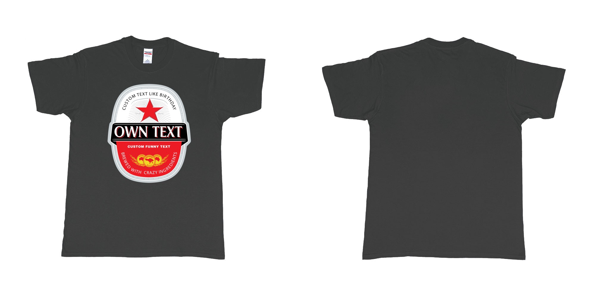 Custom tshirt design beer bintang large label in fabric color black choice your own text made in Bali by The Pirate Way