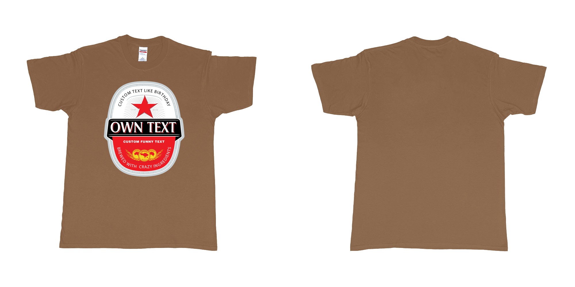 Custom tshirt design beer bintang large label in fabric color chestnut choice your own text made in Bali by The Pirate Way