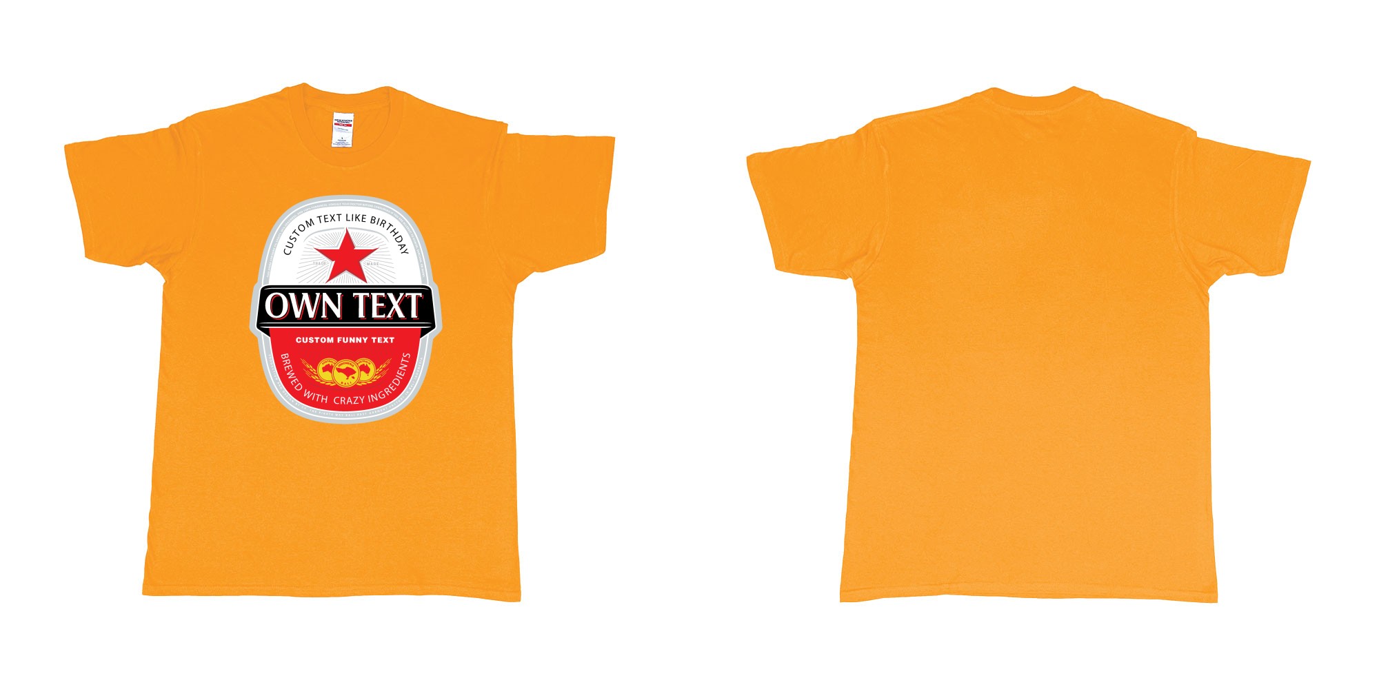 Custom tshirt design beer bintang large label in fabric color gold choice your own text made in Bali by The Pirate Way