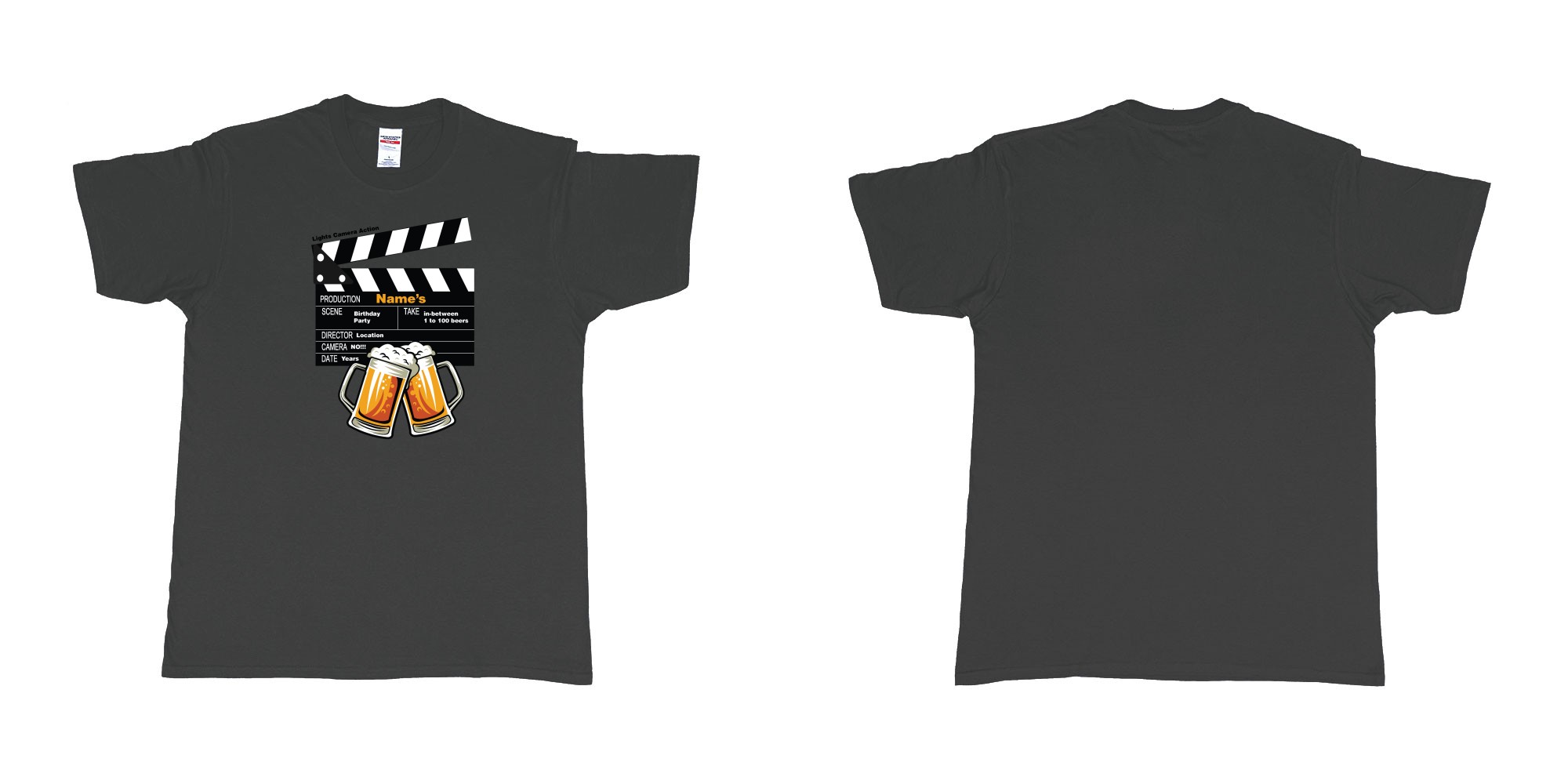 Custom tshirt design birthday beers movie clapperboard in fabric color black choice your own text made in Bali by The Pirate Way