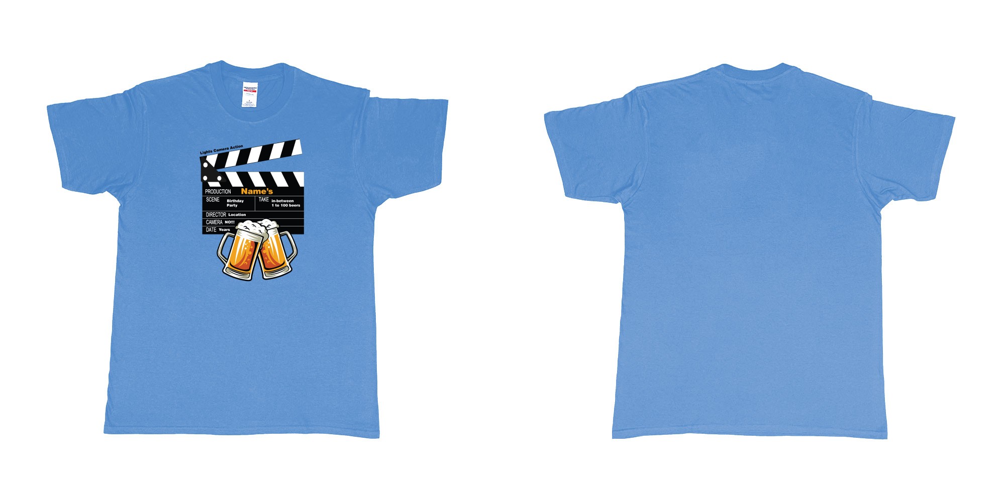Custom tshirt design birthday beers movie clapperboard in fabric color carolina-blue choice your own text made in Bali by The Pirate Way