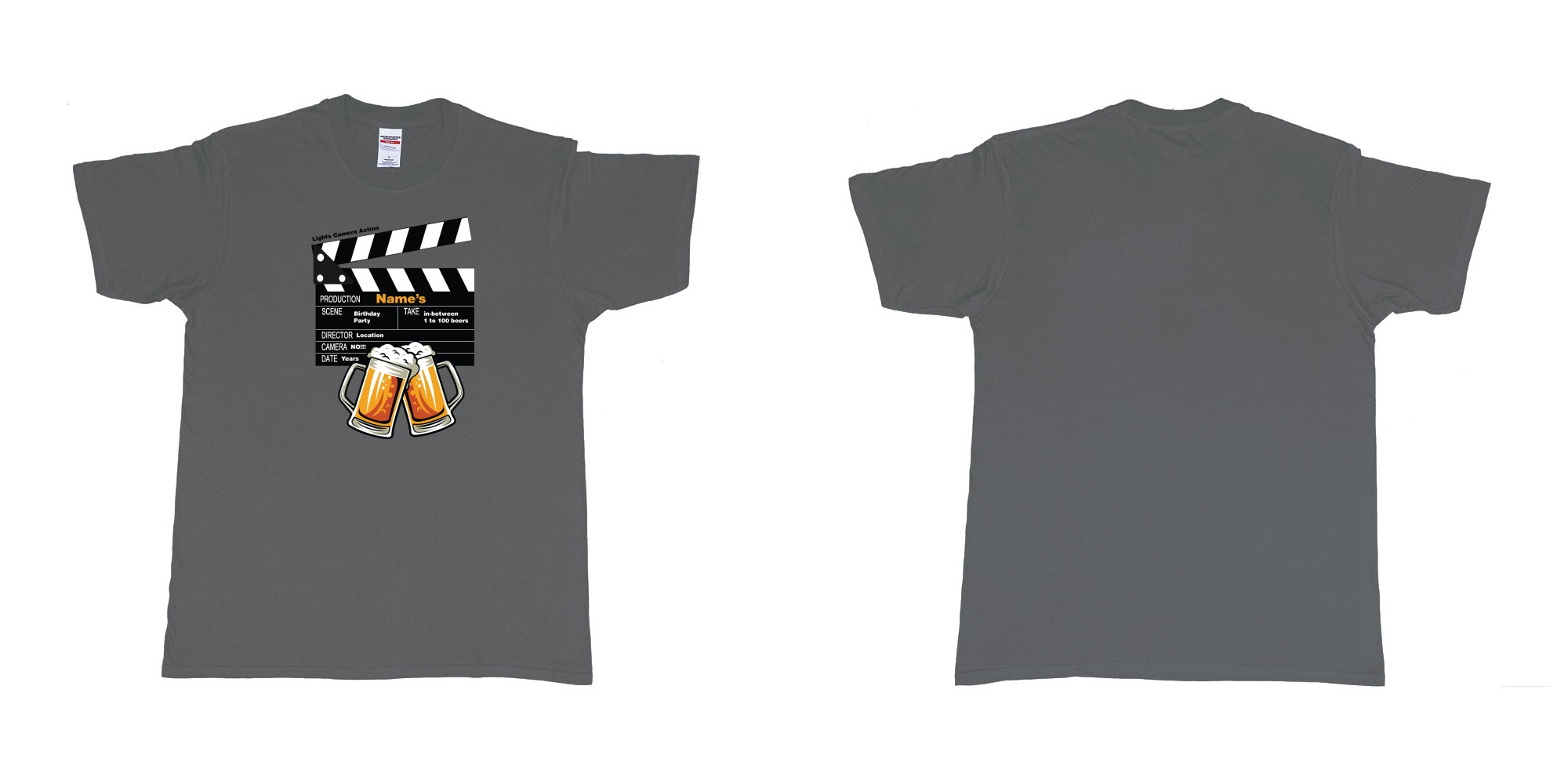 Custom tshirt design birthday beers movie clapperboard in fabric color charcoal choice your own text made in Bali by The Pirate Way