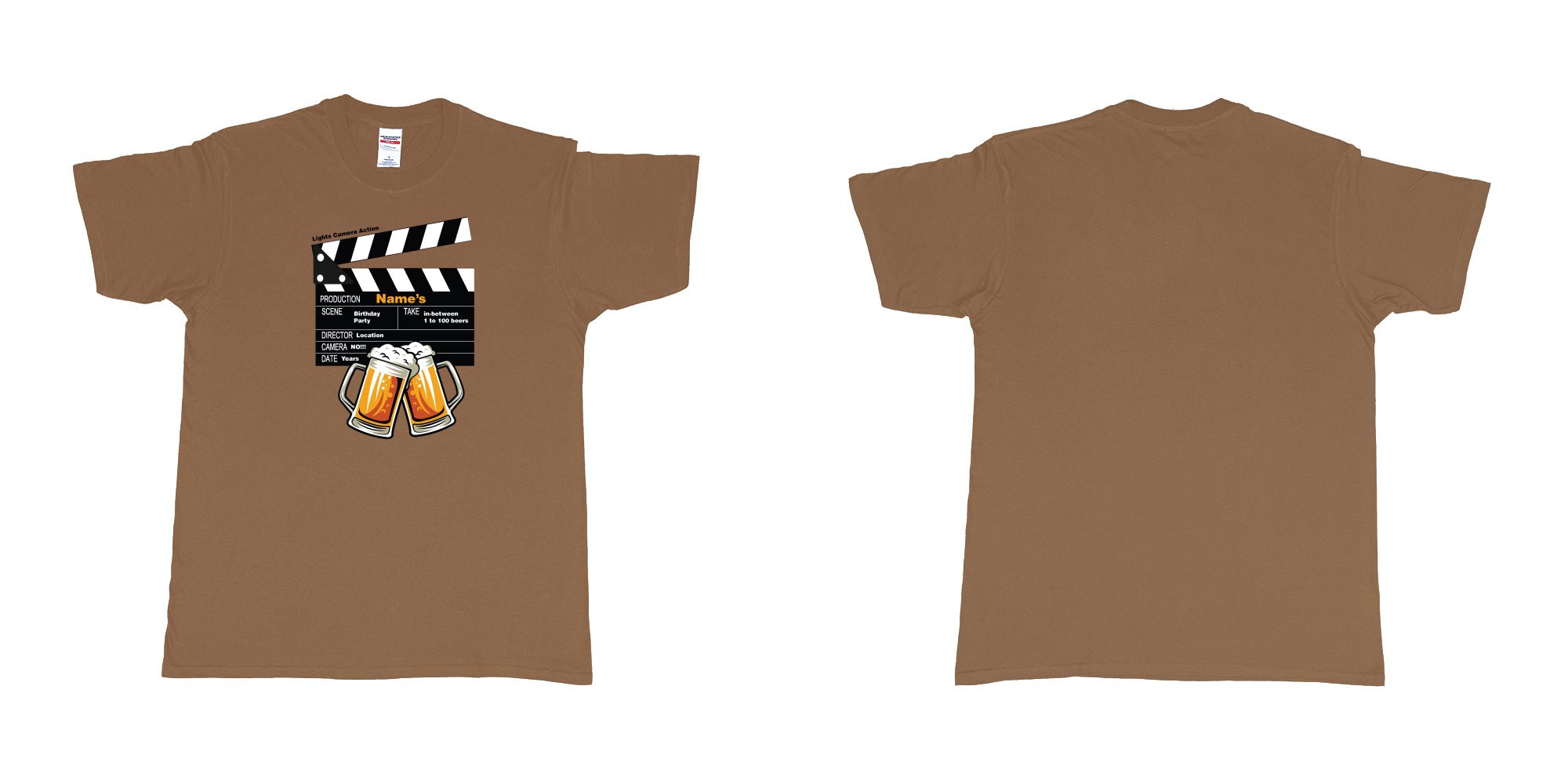 Custom tshirt design birthday beers movie clapperboard in fabric color chestnut choice your own text made in Bali by The Pirate Way