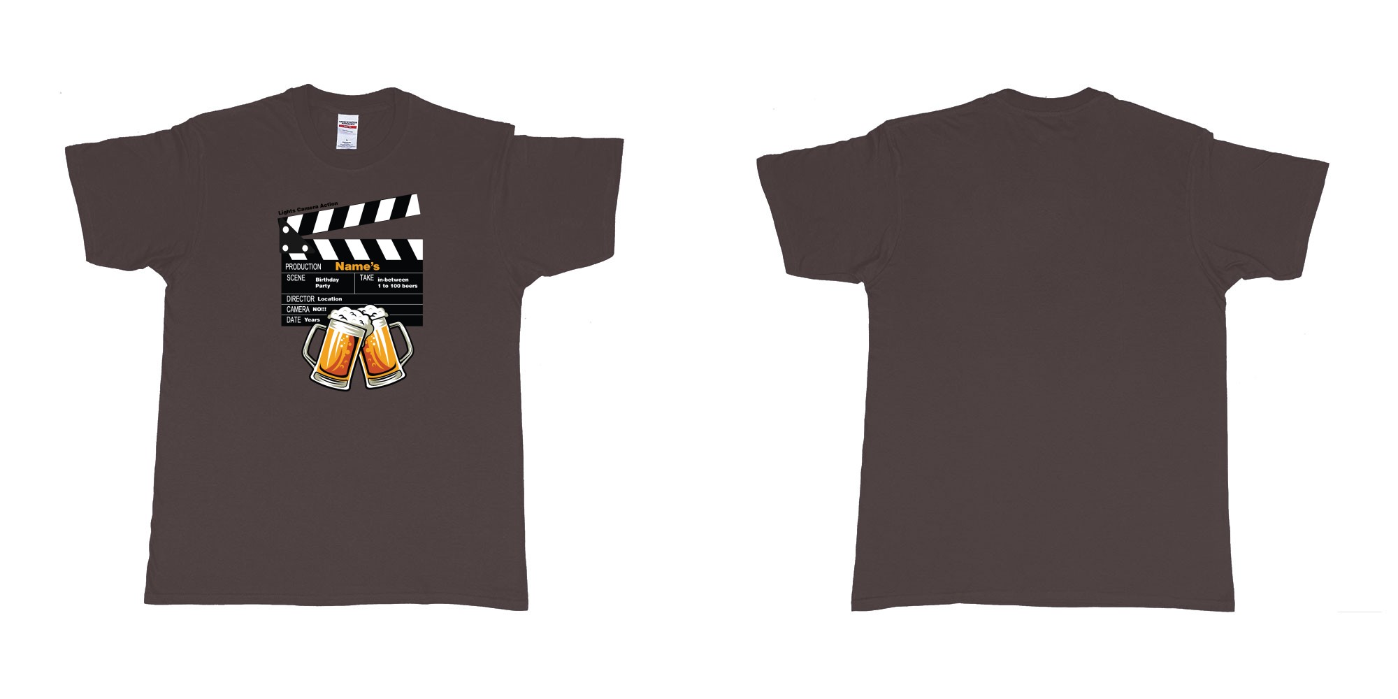 Custom tshirt design birthday beers movie clapperboard in fabric color dark-chocolate choice your own text made in Bali by The Pirate Way