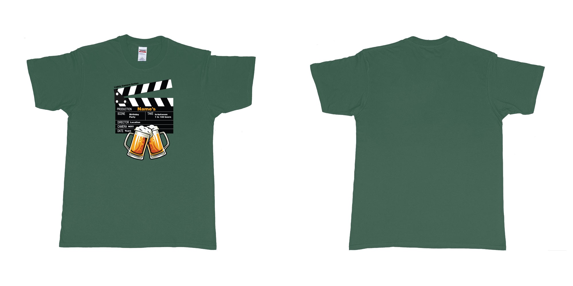 Custom tshirt design birthday beers movie clapperboard in fabric color forest-green choice your own text made in Bali by The Pirate Way