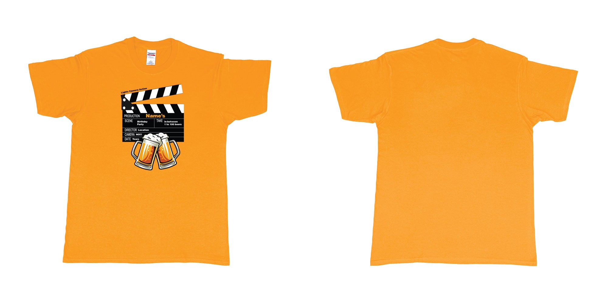Custom tshirt design birthday beers movie clapperboard in fabric color gold choice your own text made in Bali by The Pirate Way