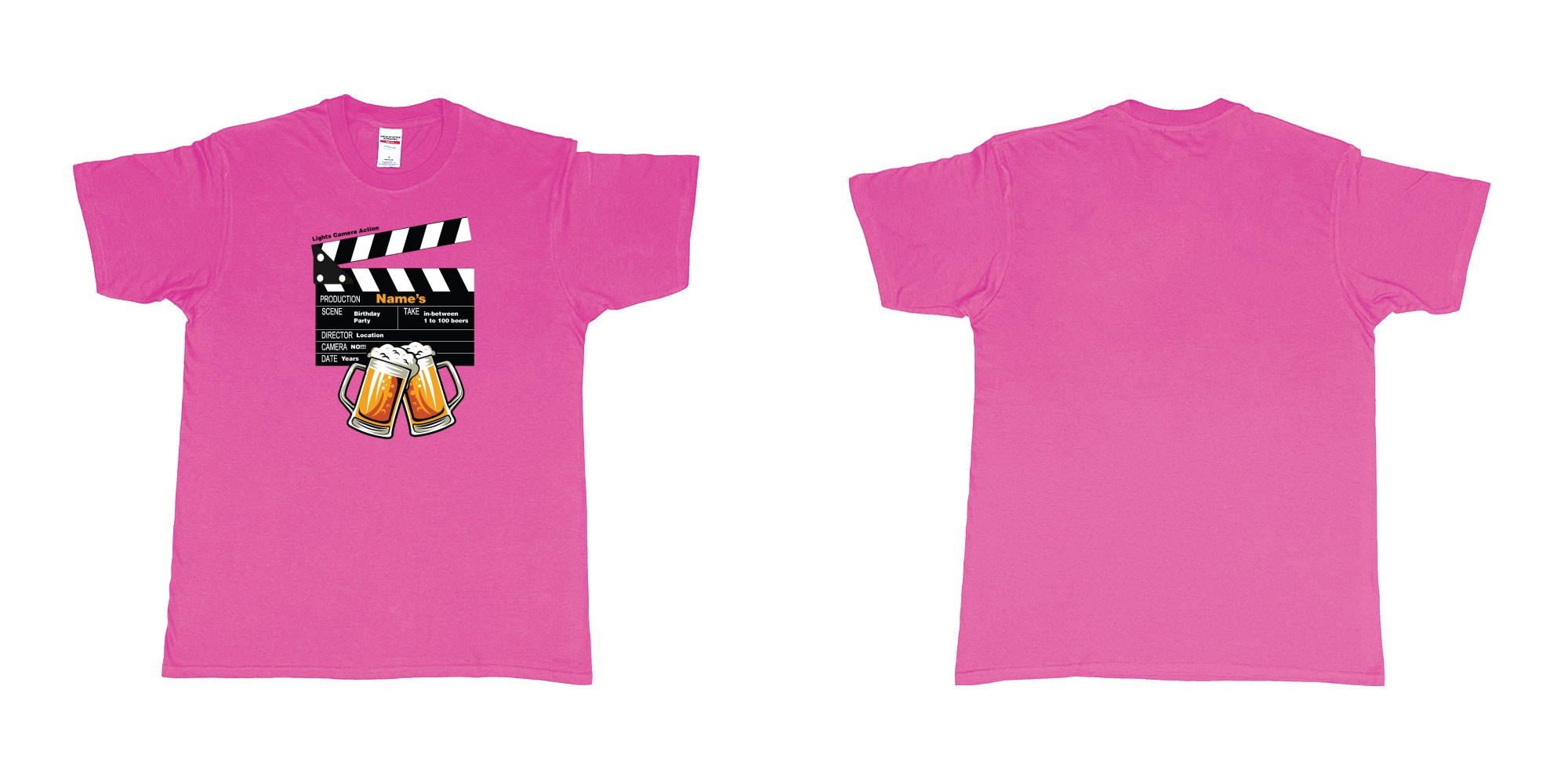 Custom tshirt design birthday beers movie clapperboard in fabric color heliconia choice your own text made in Bali by The Pirate Way