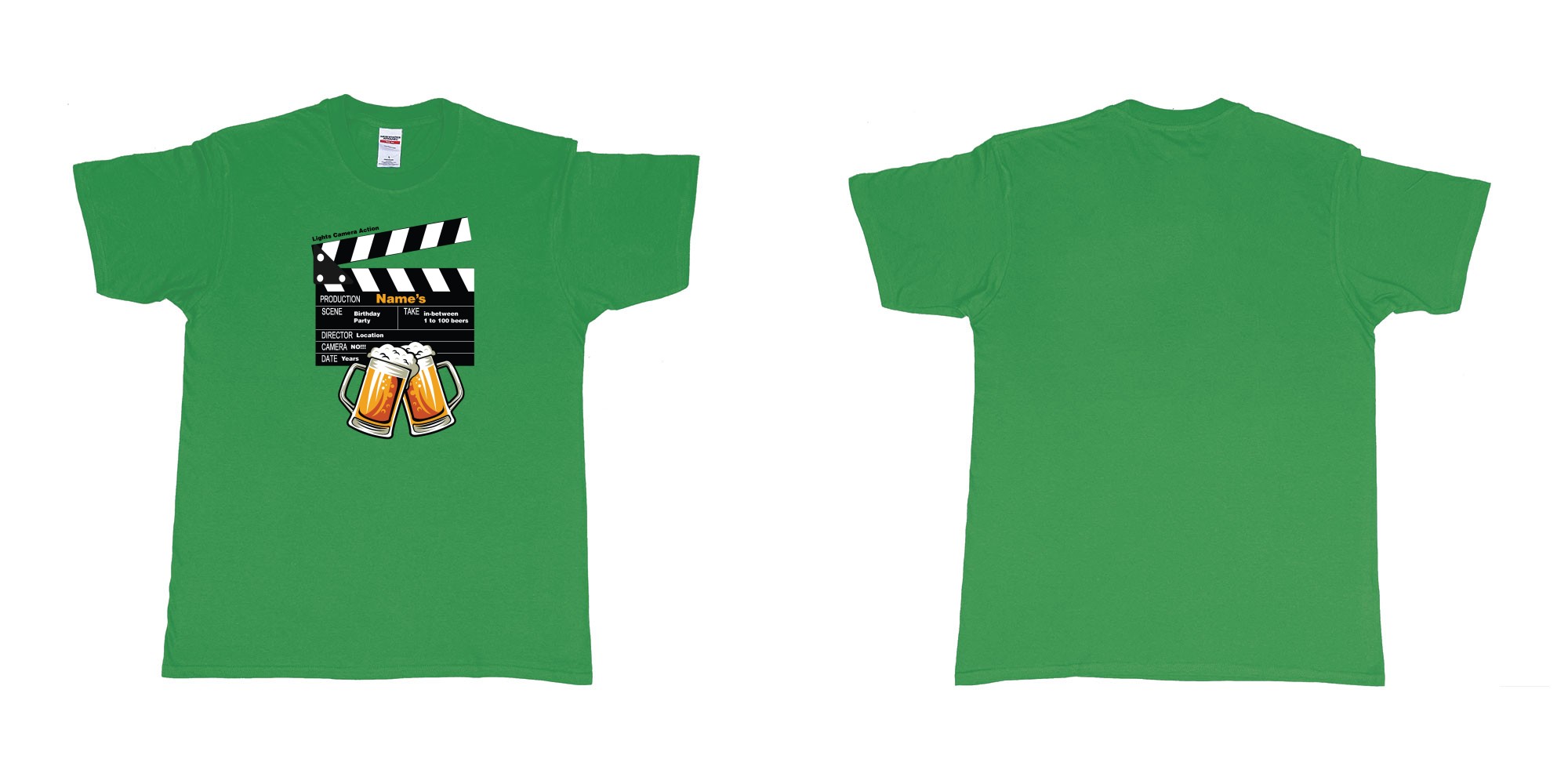 Custom tshirt design birthday beers movie clapperboard in fabric color irish-green choice your own text made in Bali by The Pirate Way