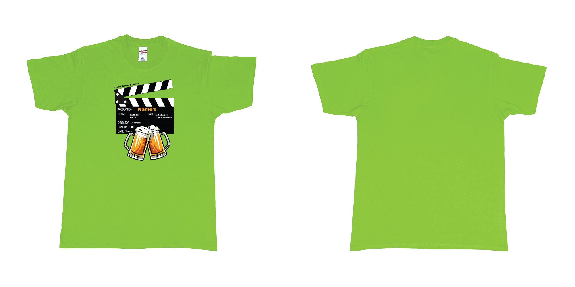 Custom tshirt design birthday beers movie clapperboard in fabric color lime choice your own text made in Bali by The Pirate Way