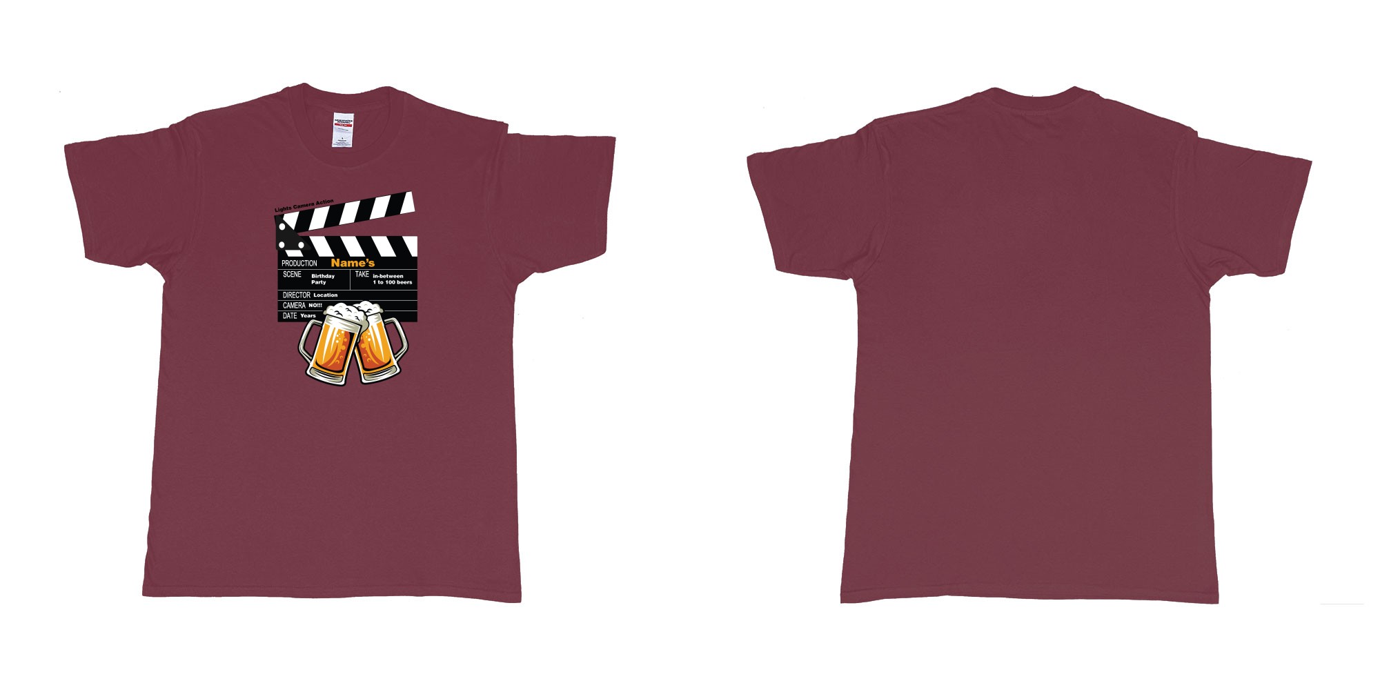 Custom tshirt design birthday beers movie clapperboard in fabric color marron choice your own text made in Bali by The Pirate Way