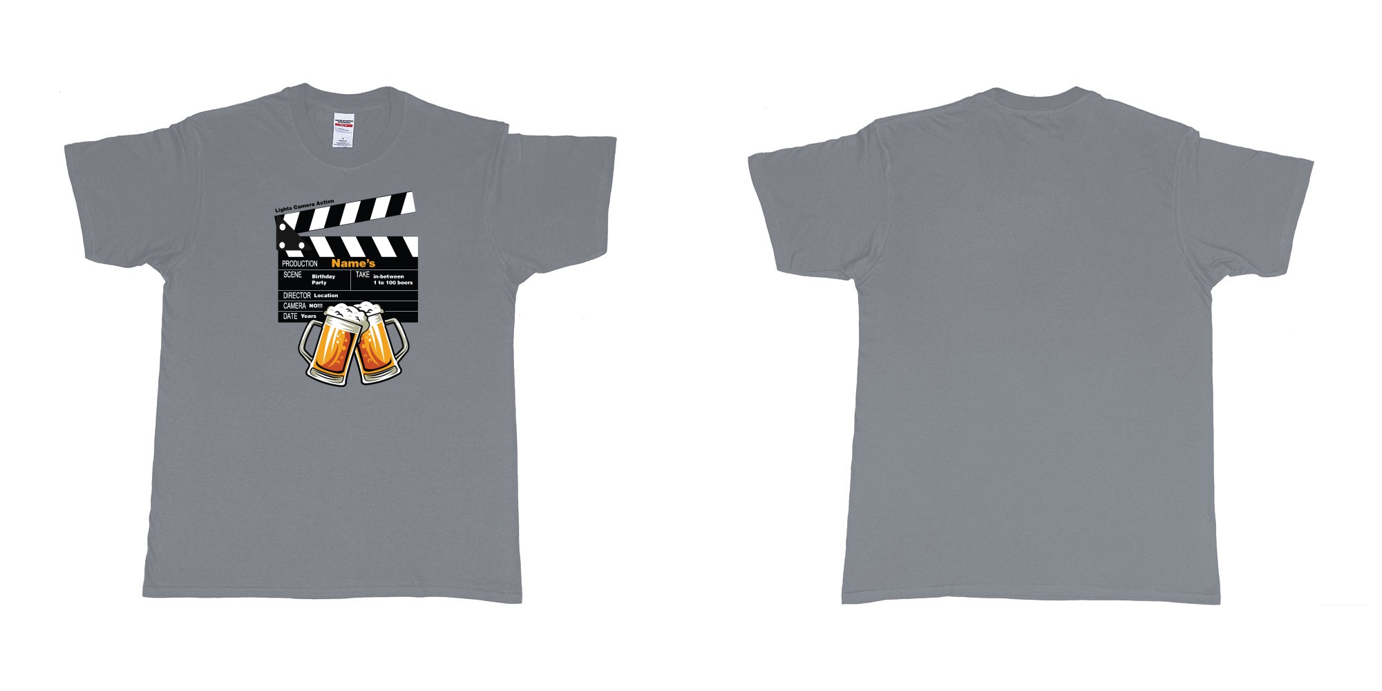 Custom tshirt design birthday beers movie clapperboard in fabric color misty choice your own text made in Bali by The Pirate Way
