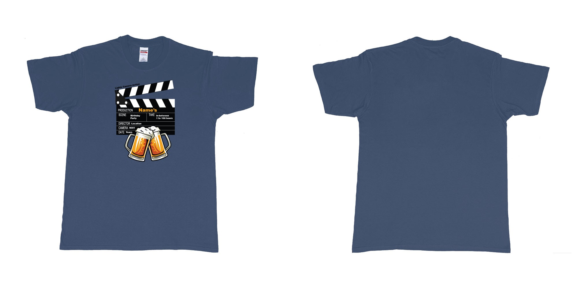 Custom tshirt design birthday beers movie clapperboard in fabric color navy choice your own text made in Bali by The Pirate Way